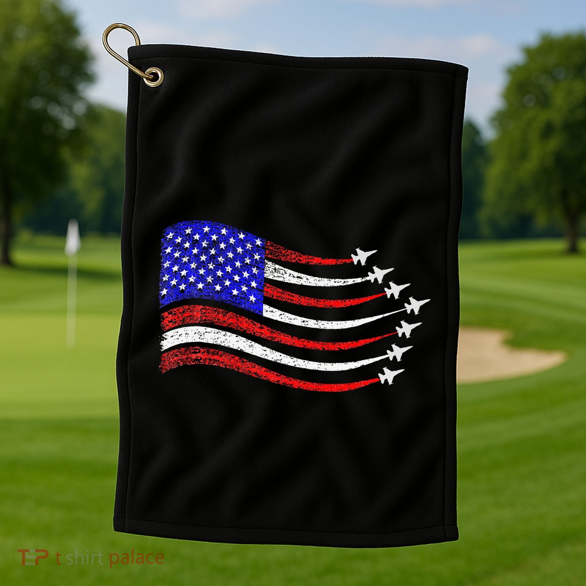 American Patriotic Fighter Jets Usa Flag Waving Golf Towel