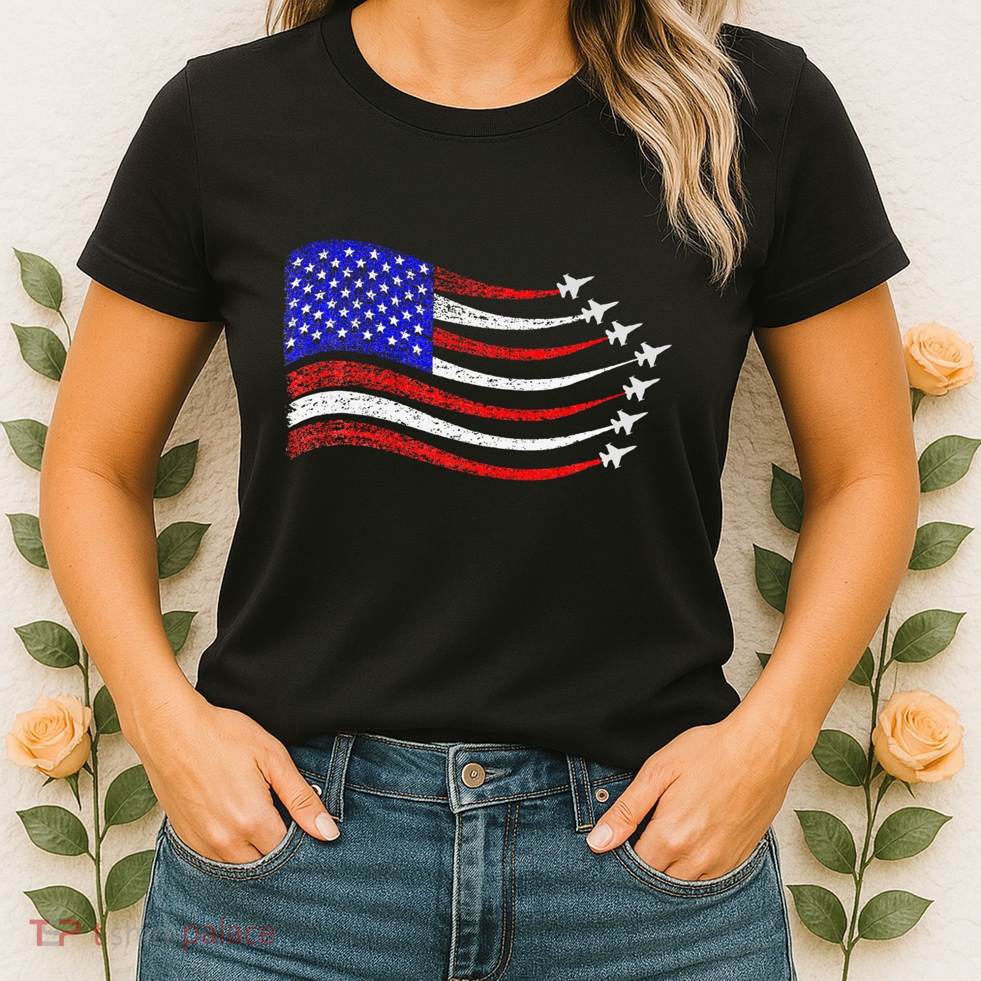 American Patriotic Fighter Jets Usa Flag Waving Women's T-Shirt