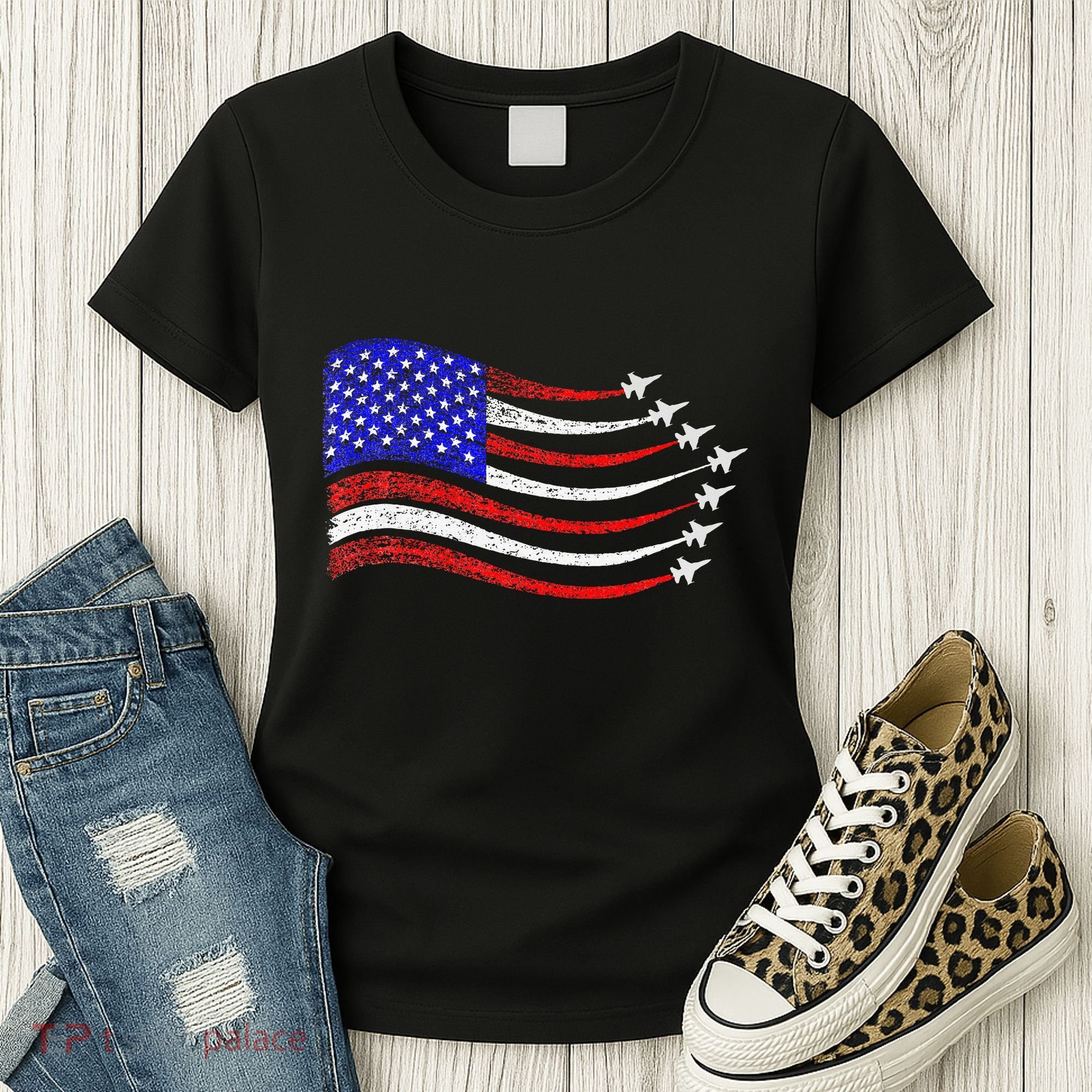 American Patriotic Fighter Jets Usa Flag Waving Women's T-Shirt