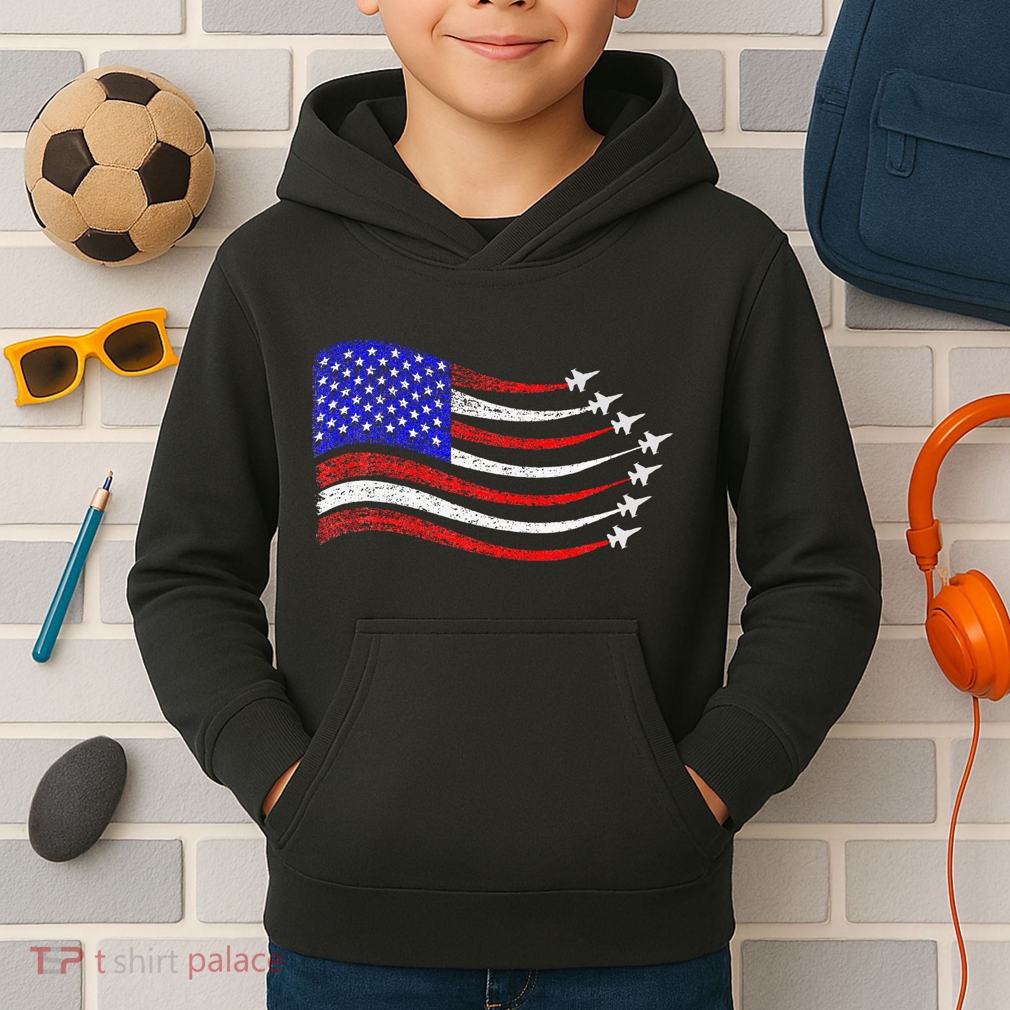American Patriotic Fighter Jets Usa Flag Waving Kids Hoodie