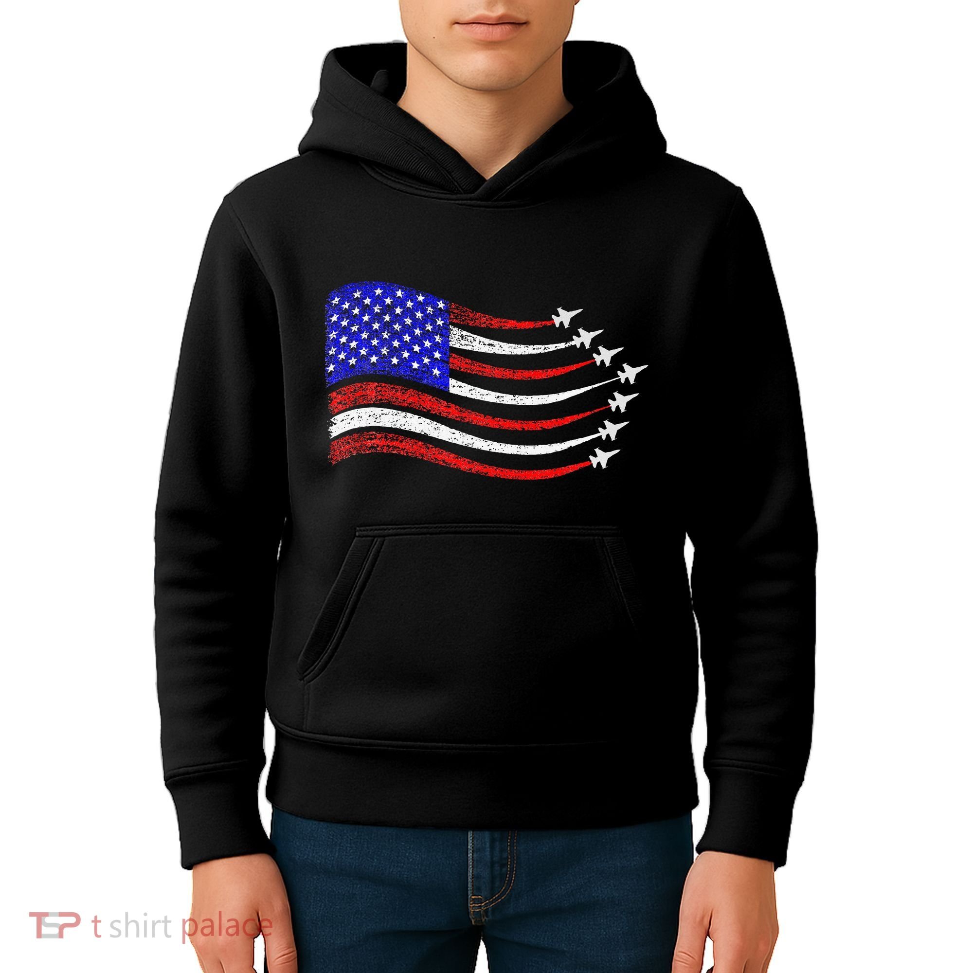 American Patriotic Fighter Jets Usa Flag Waving Kids Hoodie