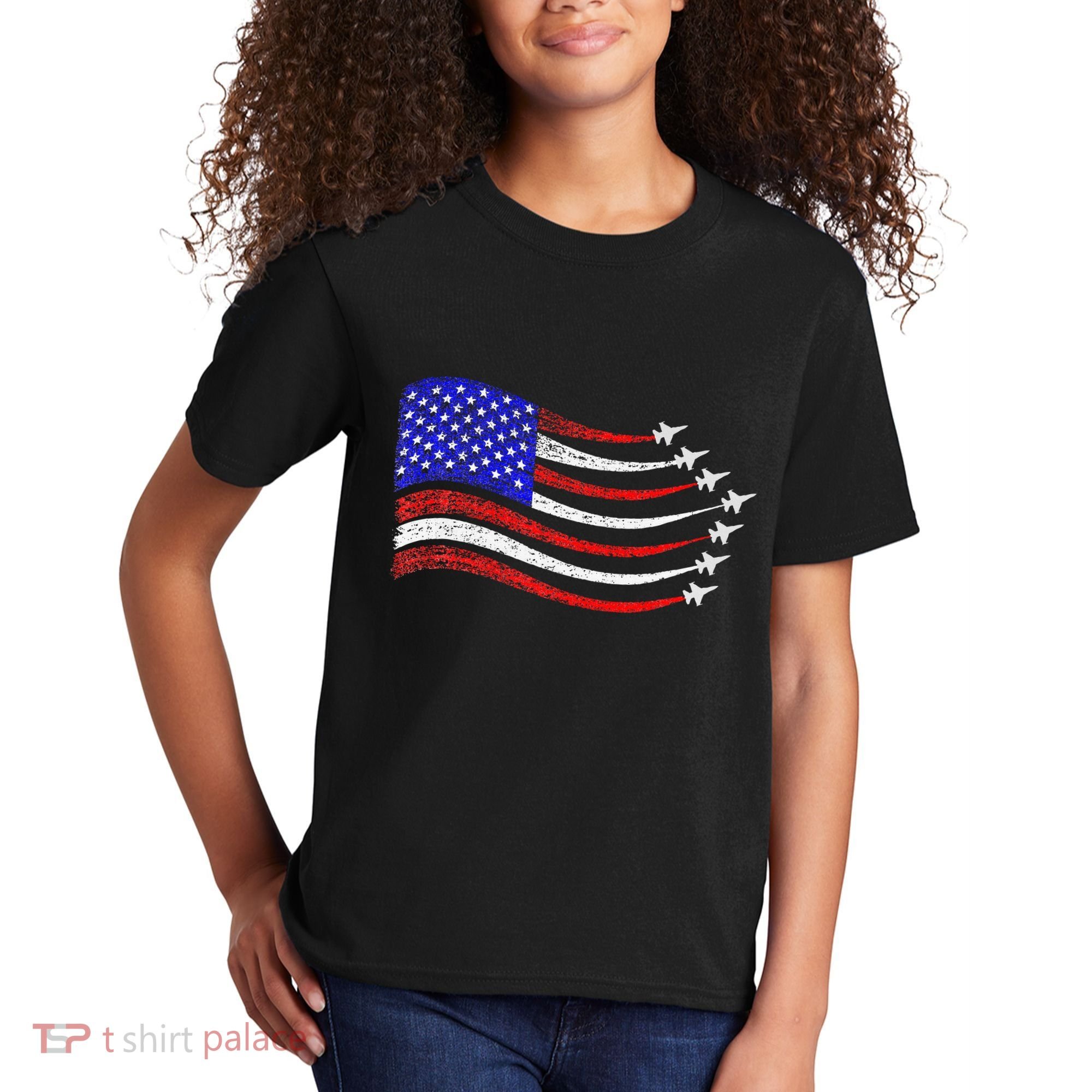 American Patriotic Fighter Jets Usa Flag Waving Kids T-Shirt