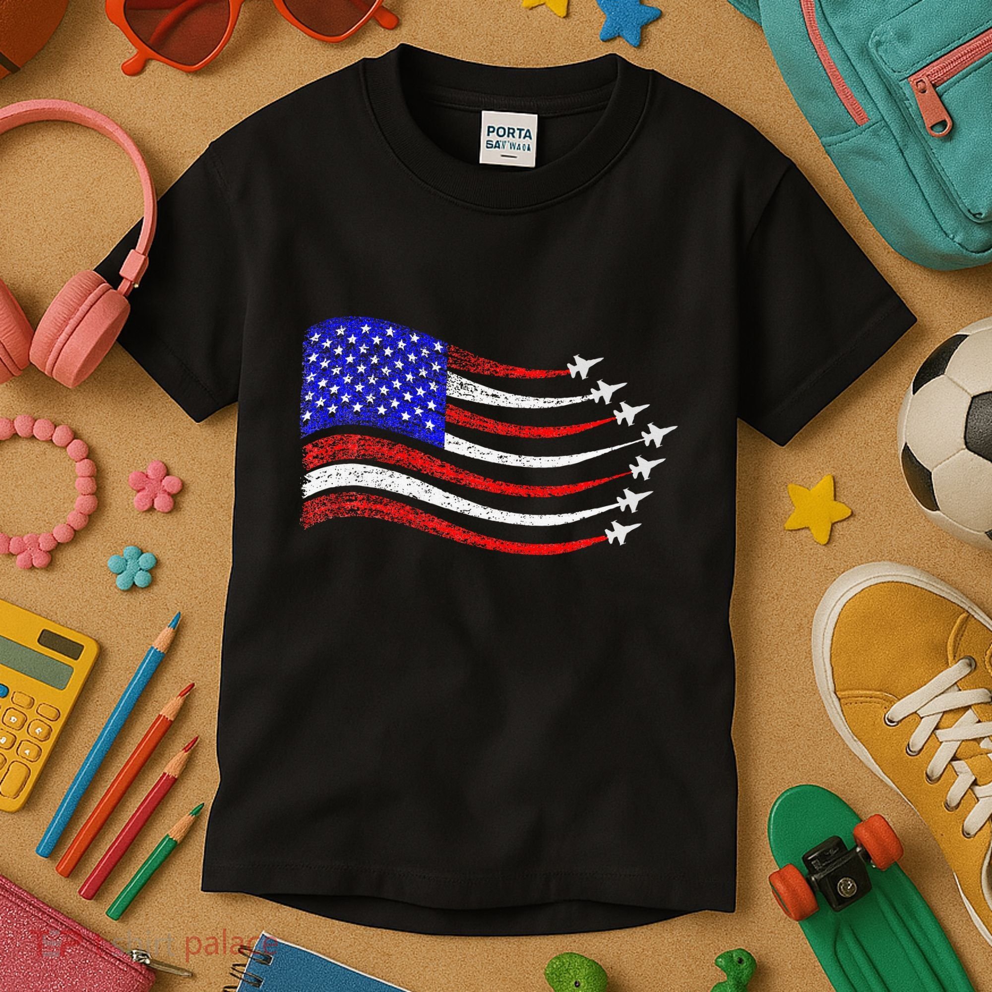 American Patriotic Fighter Jets Usa Flag Waving Kids T-Shirt