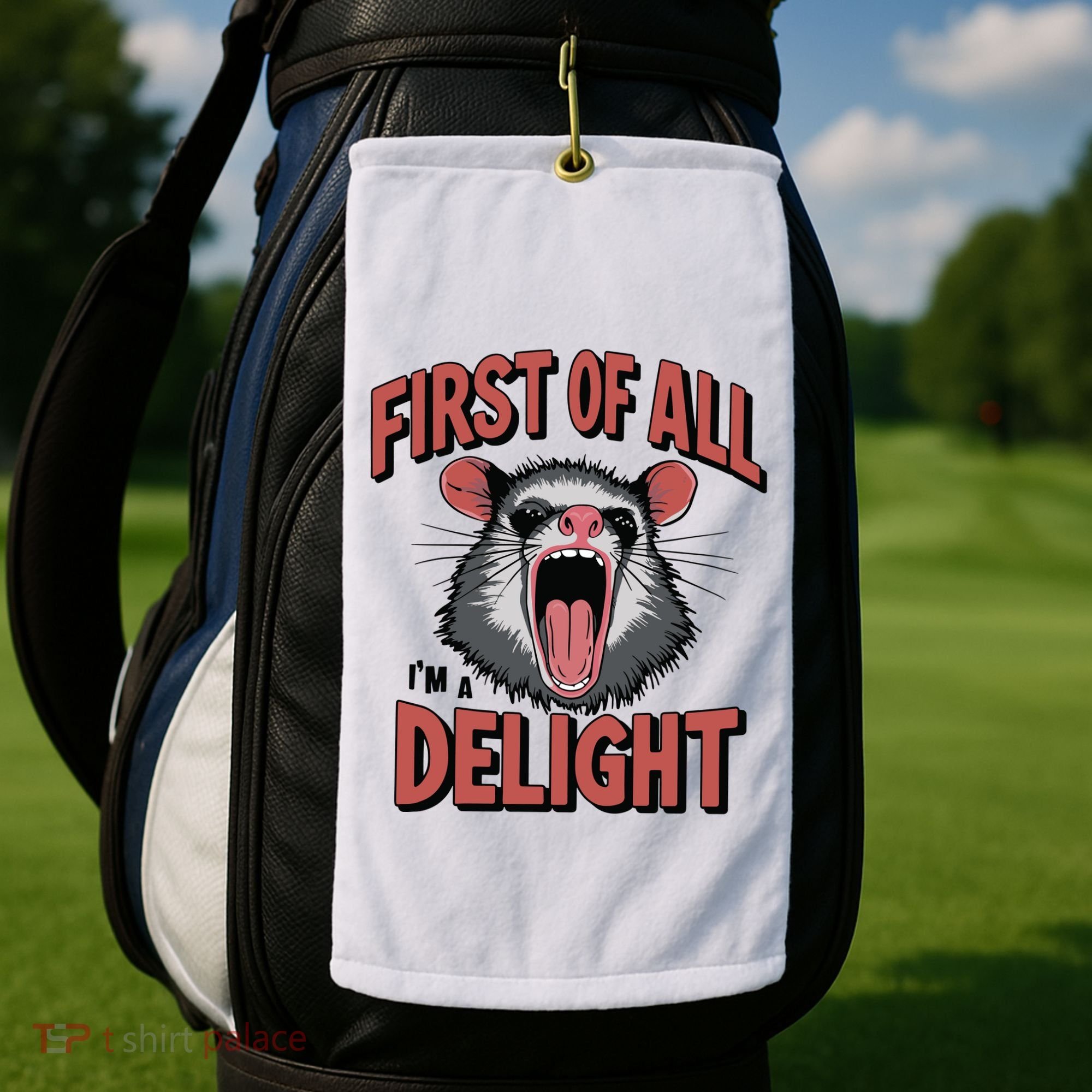 Angry Possum First Of All Im A Delight Possum Meme Golf Towel