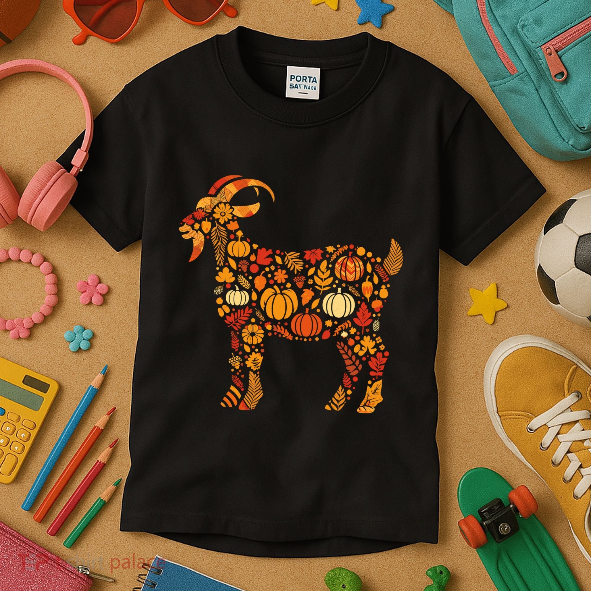 Autumn Pumpkin Fall Goat Thanksgiving Kids T-Shirt