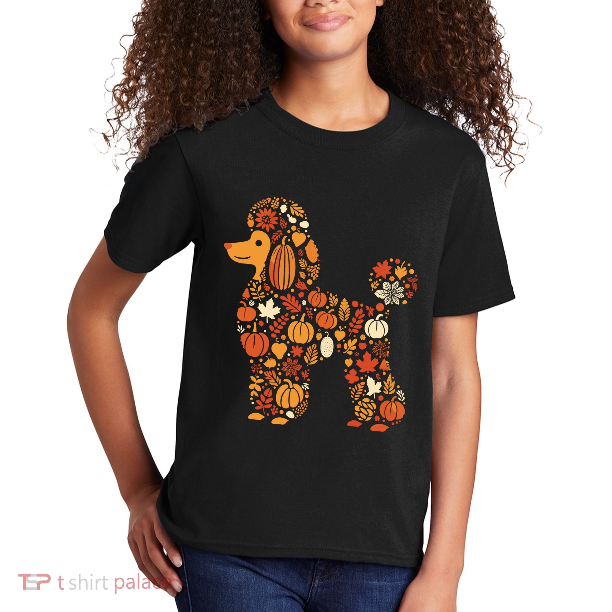 Autumn Pumpkin Fall Poodle Thanksgiving Dog Kids T-Shirt