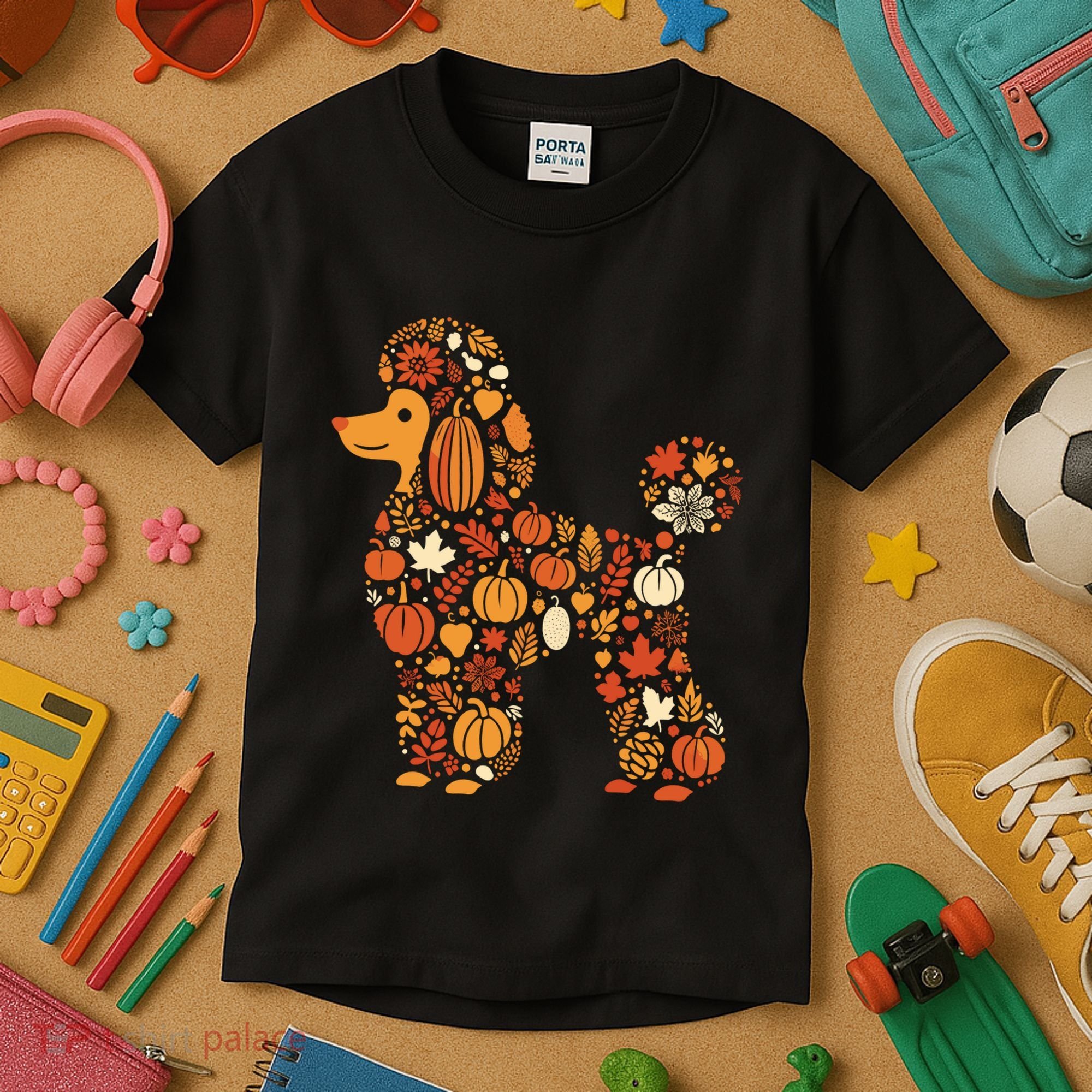 Autumn Pumpkin Fall Poodle Thanksgiving Dog Kids T-Shirt
