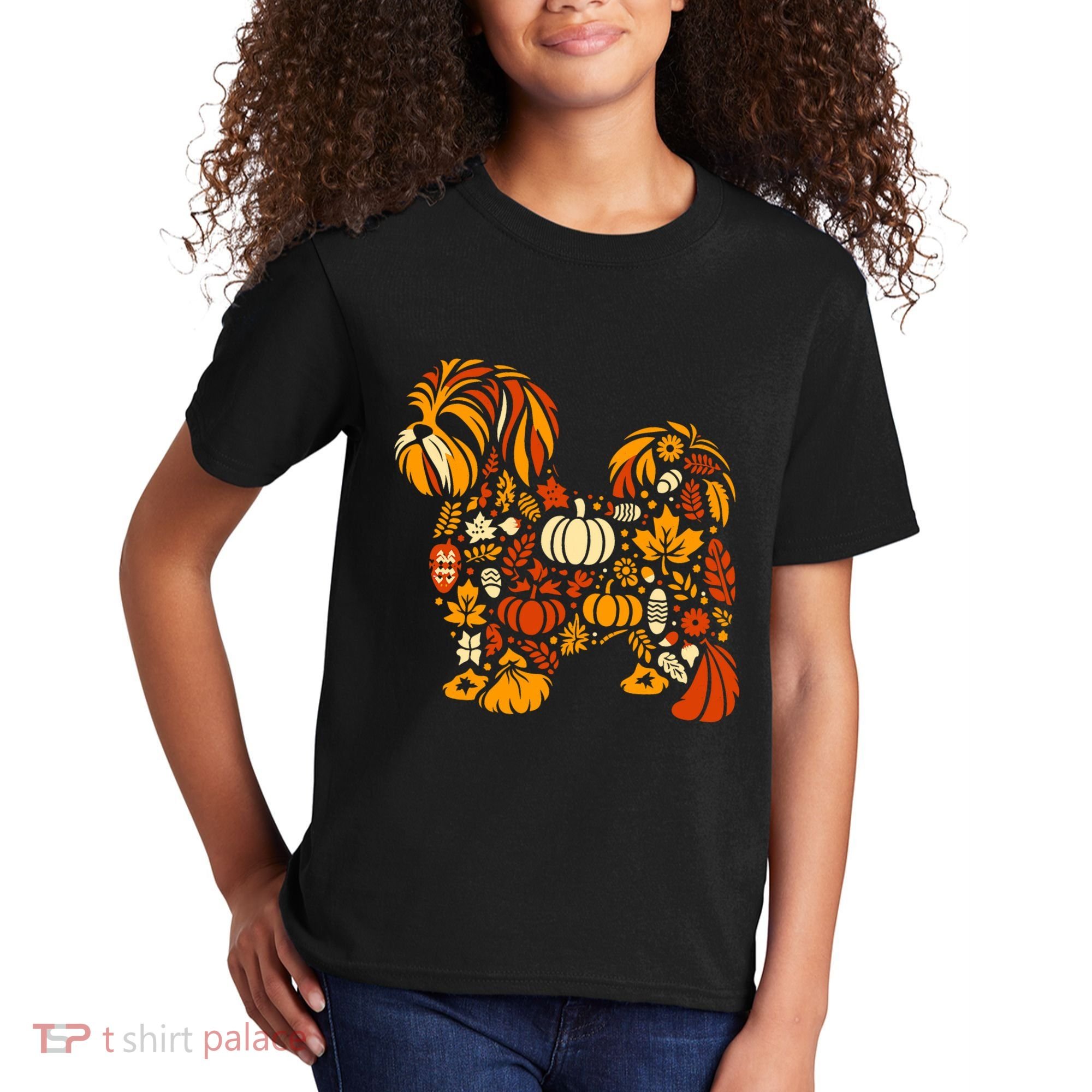 Autumn Pumpkin Fall Shih Tzu Thanksgiving Kids T-Shirt