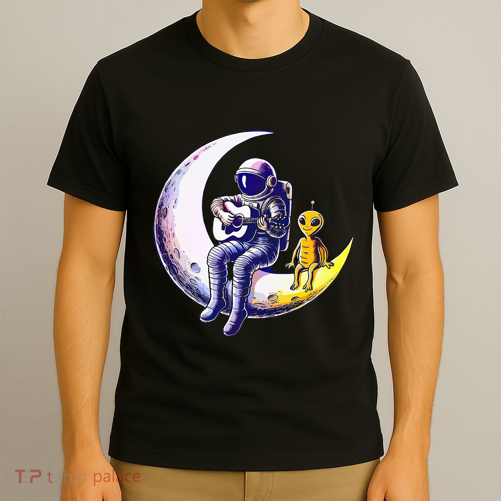 Astronaut Playing Guitar With An Alien On The Moon T-Shirt
