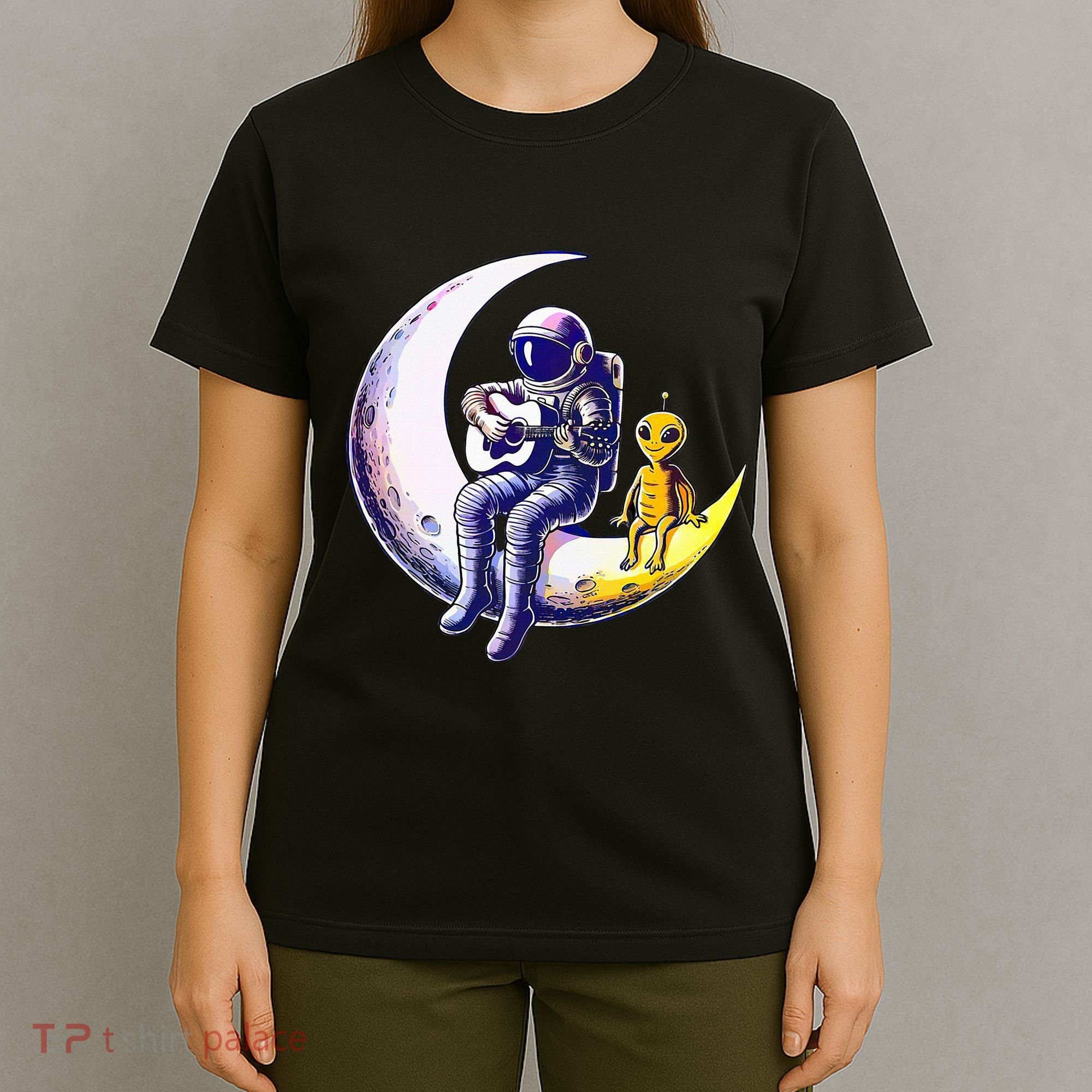 Astronaut Playing Guitar With An Alien On The Moon T-Shirt
