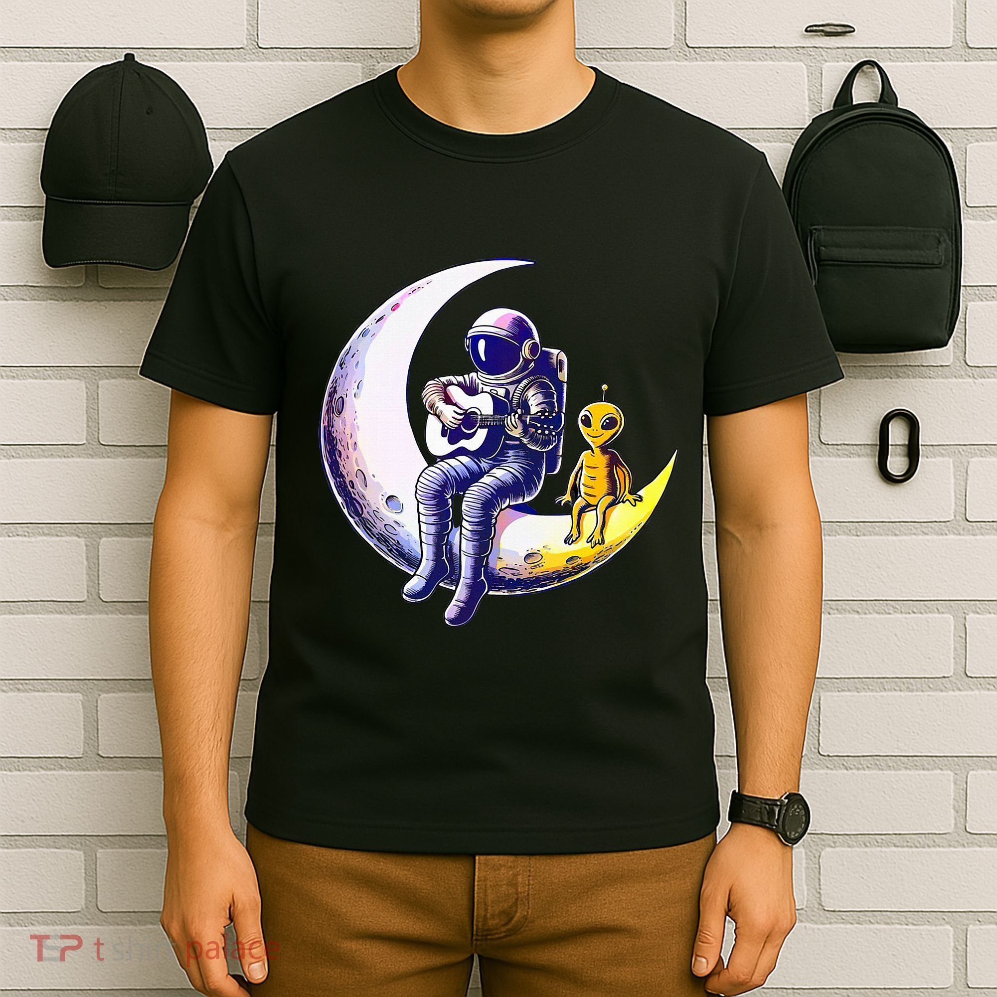 Astronaut Playing Guitar With An Alien On The Moon T-Shirt
