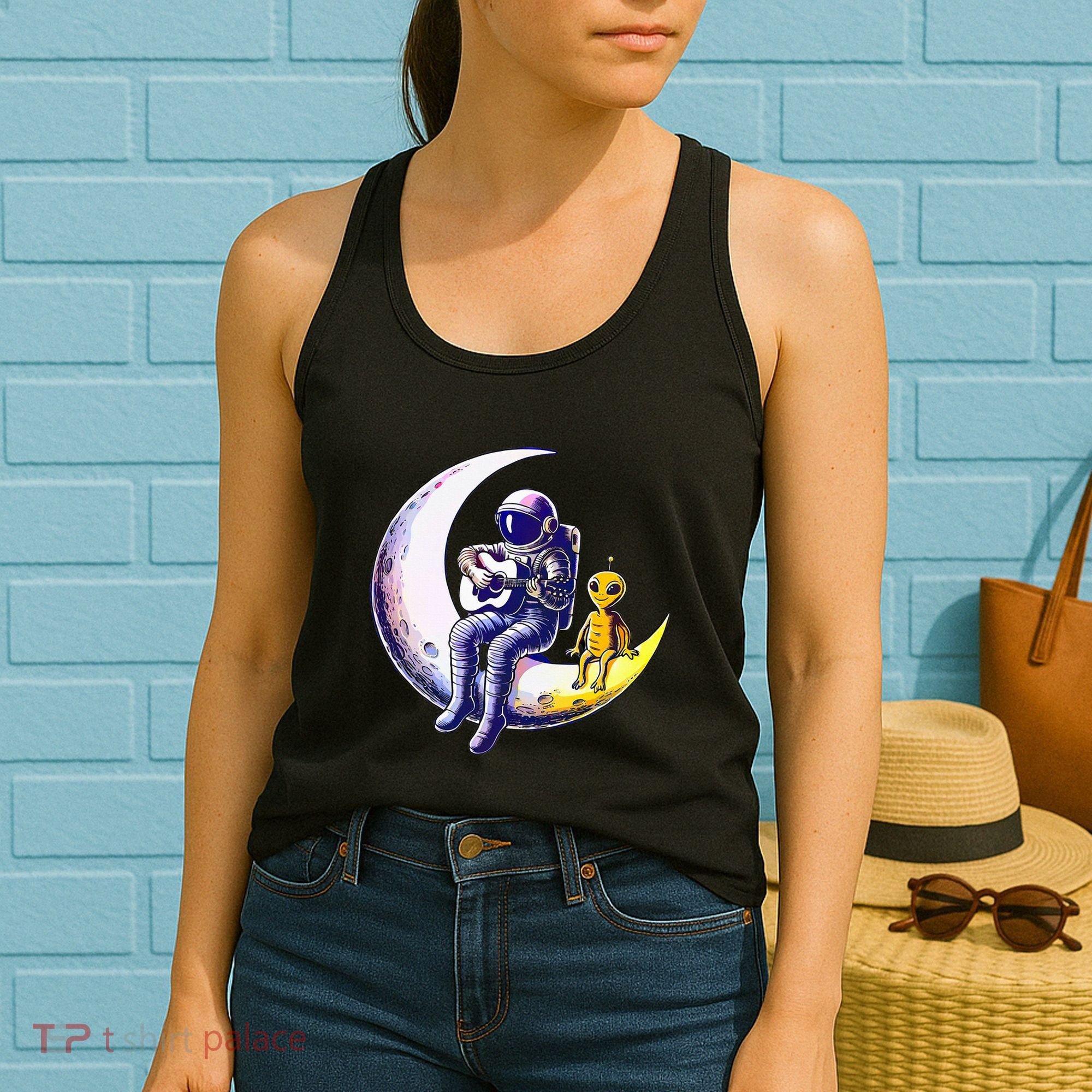Astronaut Playing Guitar With An Alien On The Moon Women's Tank Top