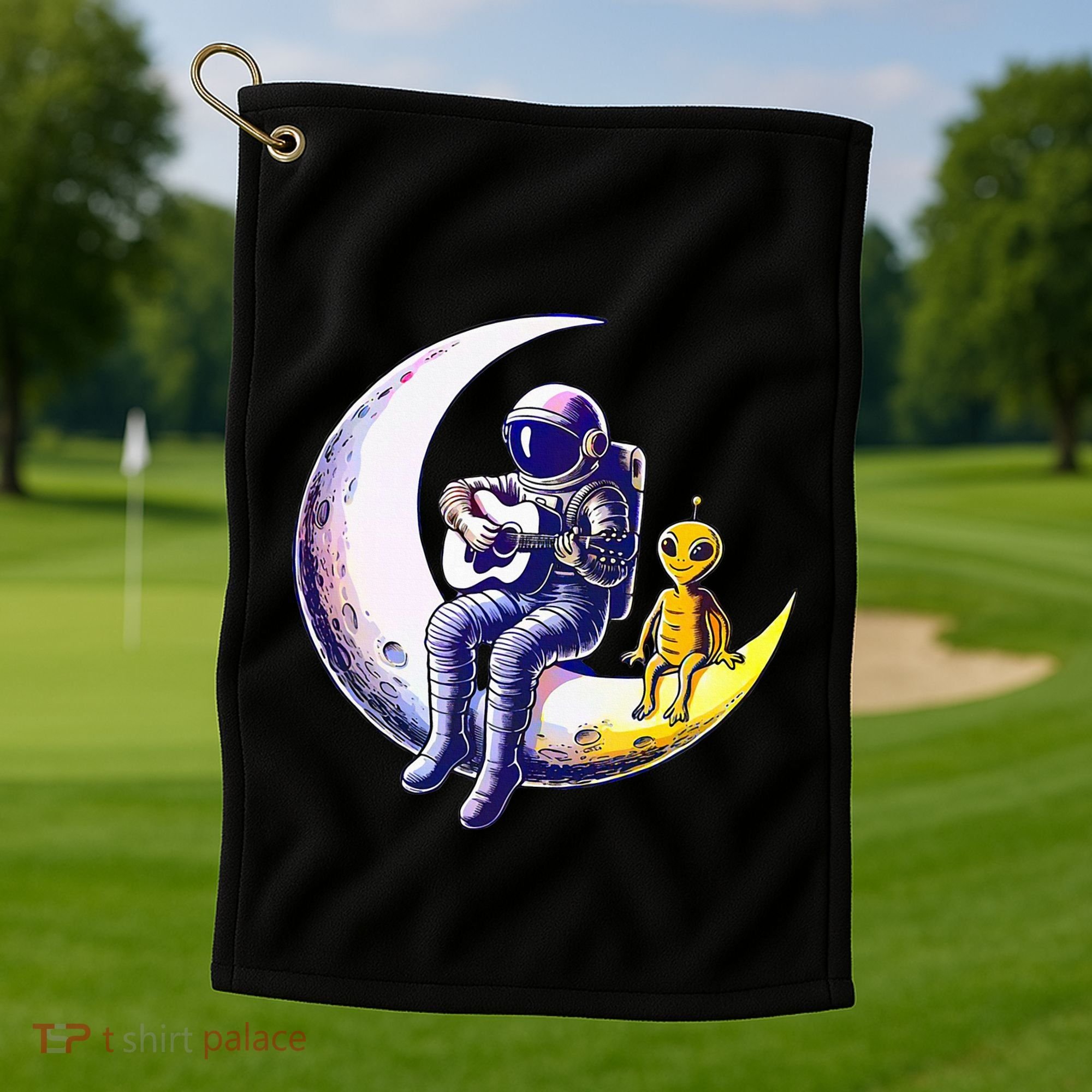 Astronaut Playing Guitar With An Alien On The Moon Golf Towel