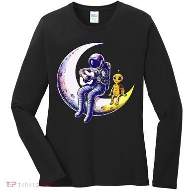 Astronaut Playing Guitar With An Alien On The Moon Women's Long Sleeve Shirt