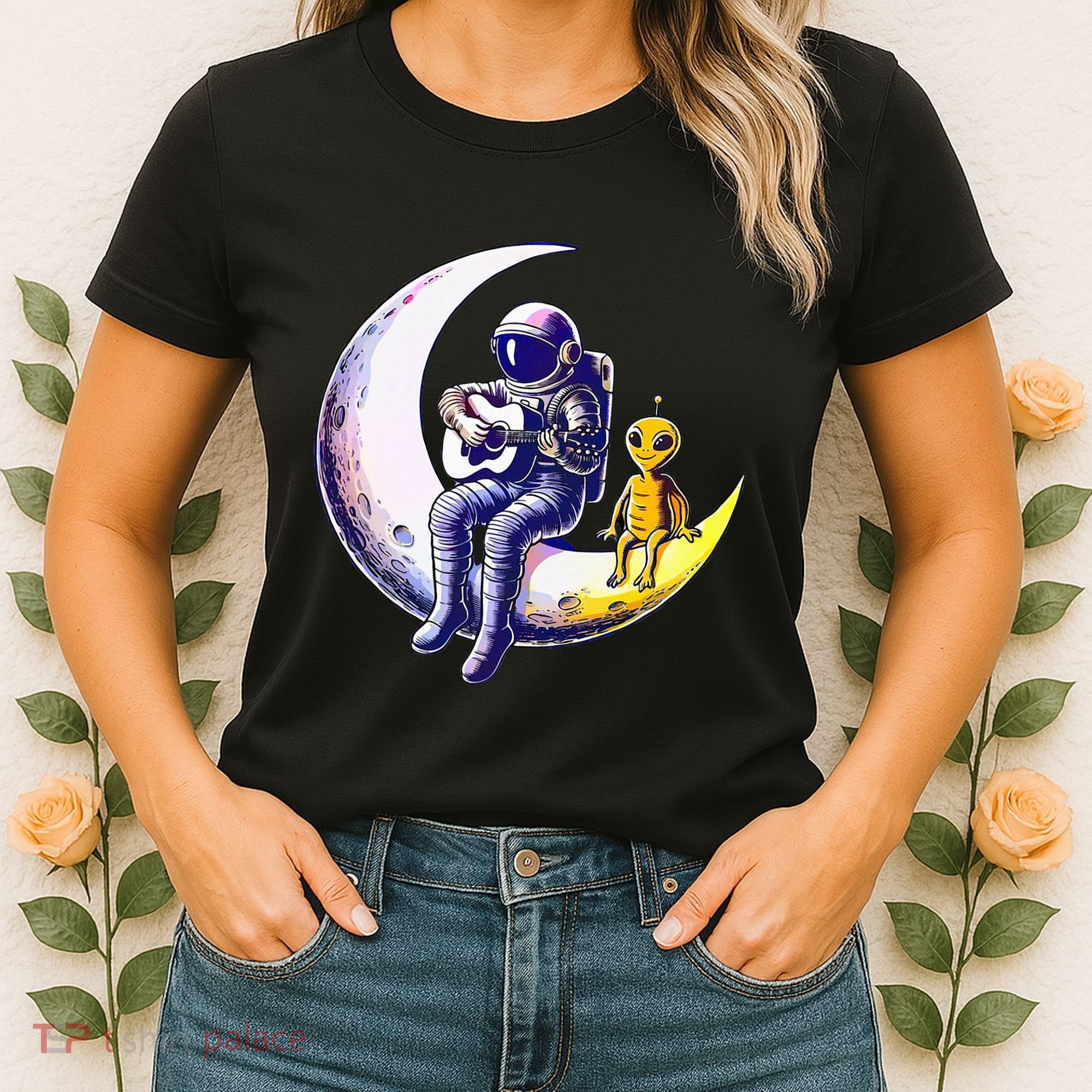Astronaut Playing Guitar With An Alien On The Moon Women's T-Shirt