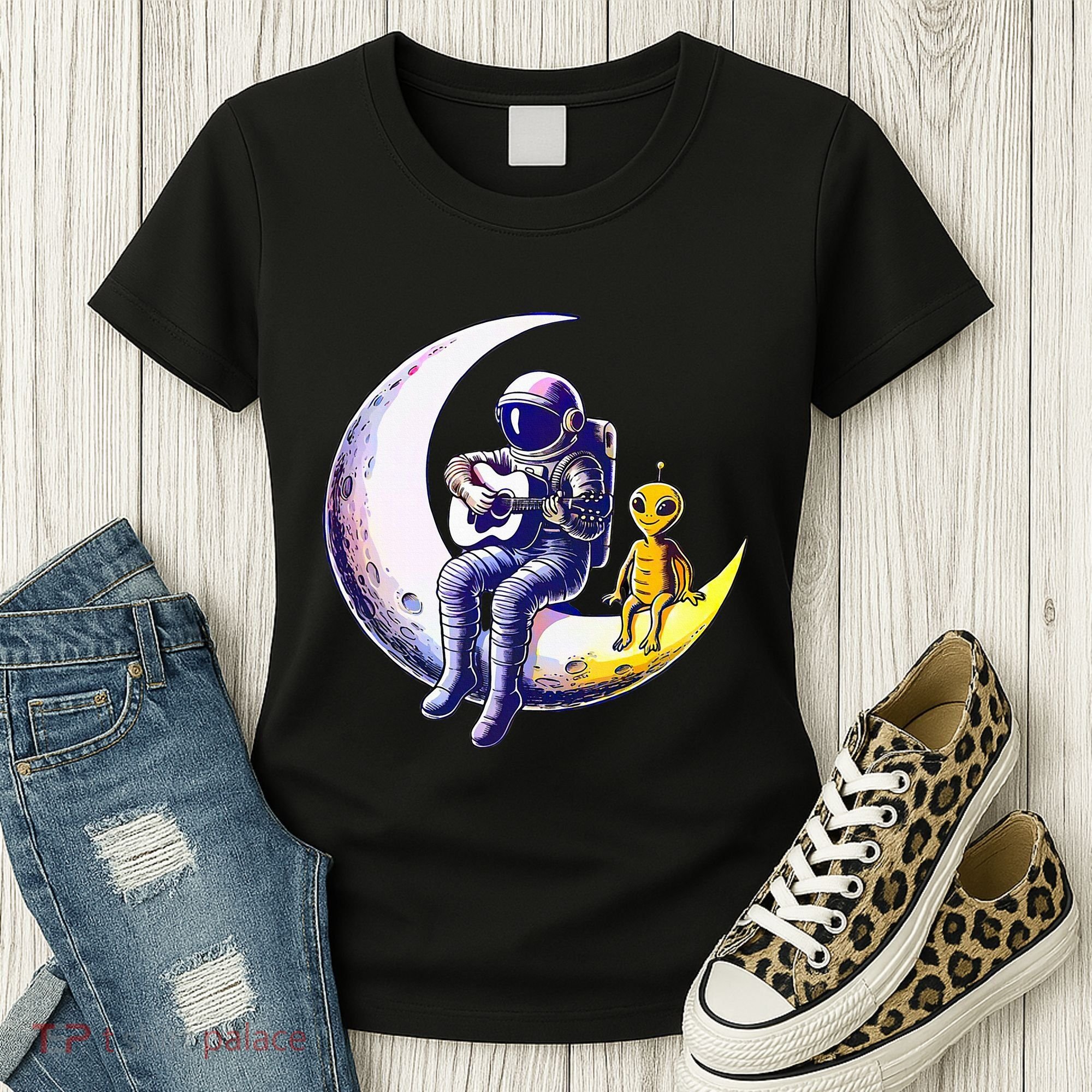 Astronaut Playing Guitar With An Alien On The Moon Women's T-Shirt