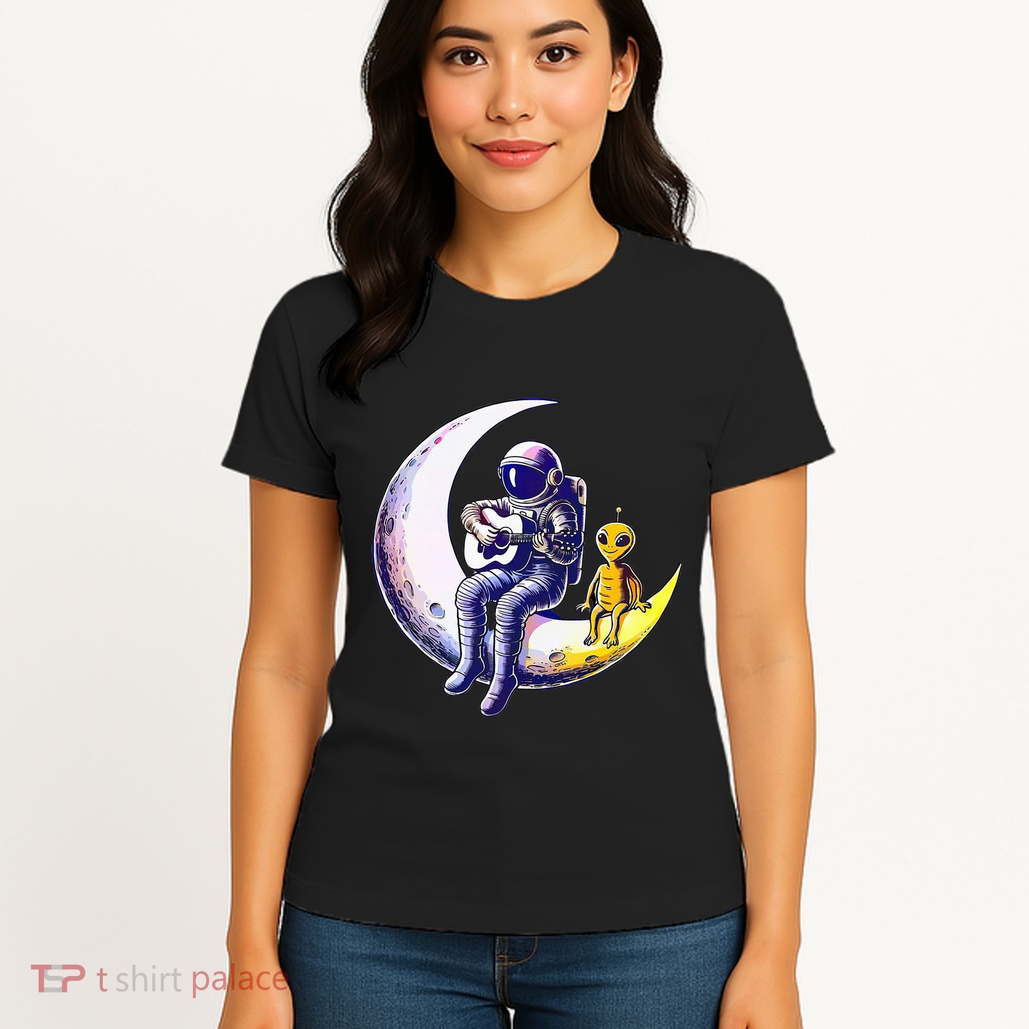 Astronaut Playing Guitar With An Alien On The Moon Women's T-Shirt