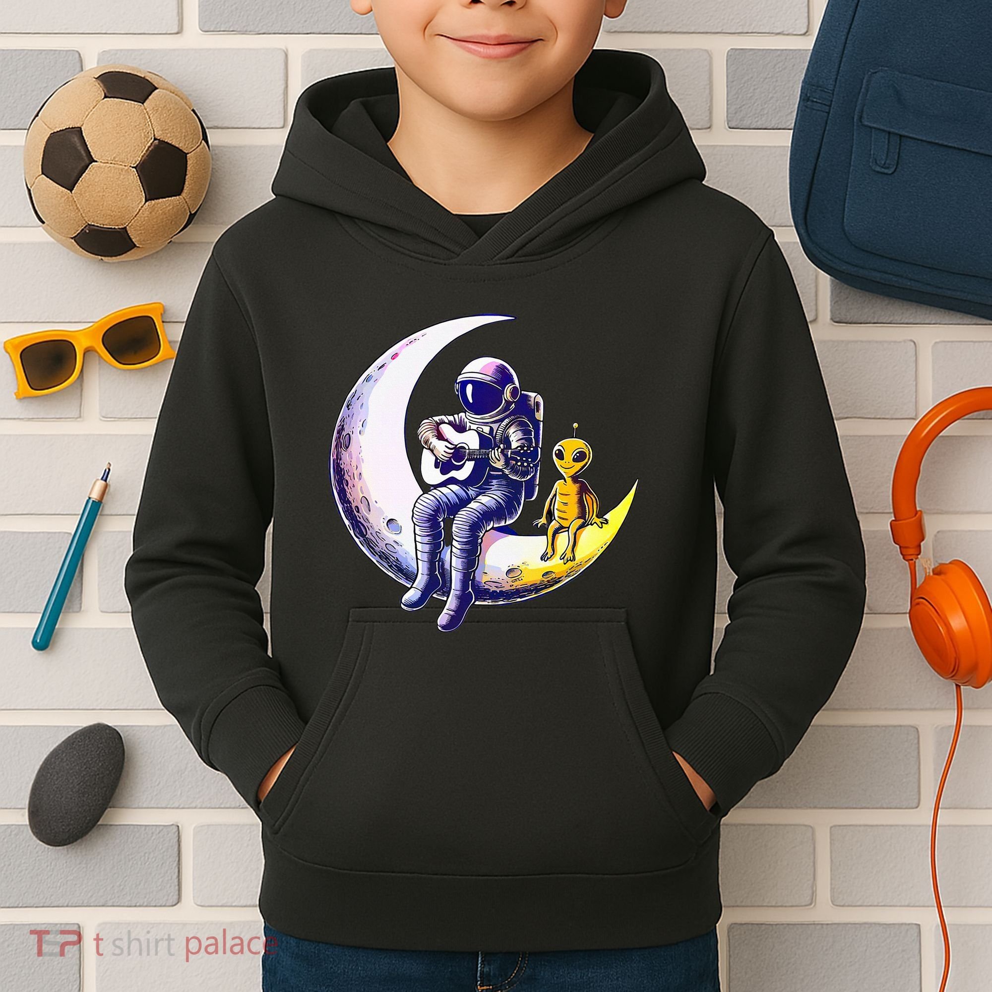 Astronaut Playing Guitar With An Alien On The Moon Kids Hoodie