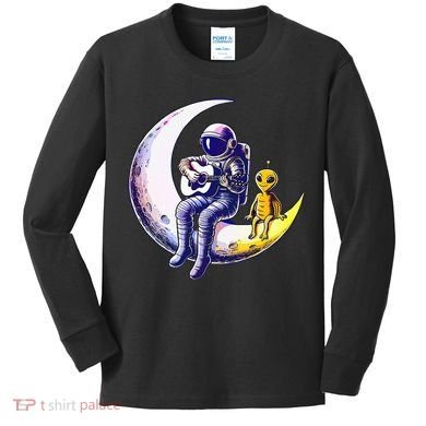 Astronaut Playing Guitar With An Alien On The Moon Kids Long Sleeve Shirt