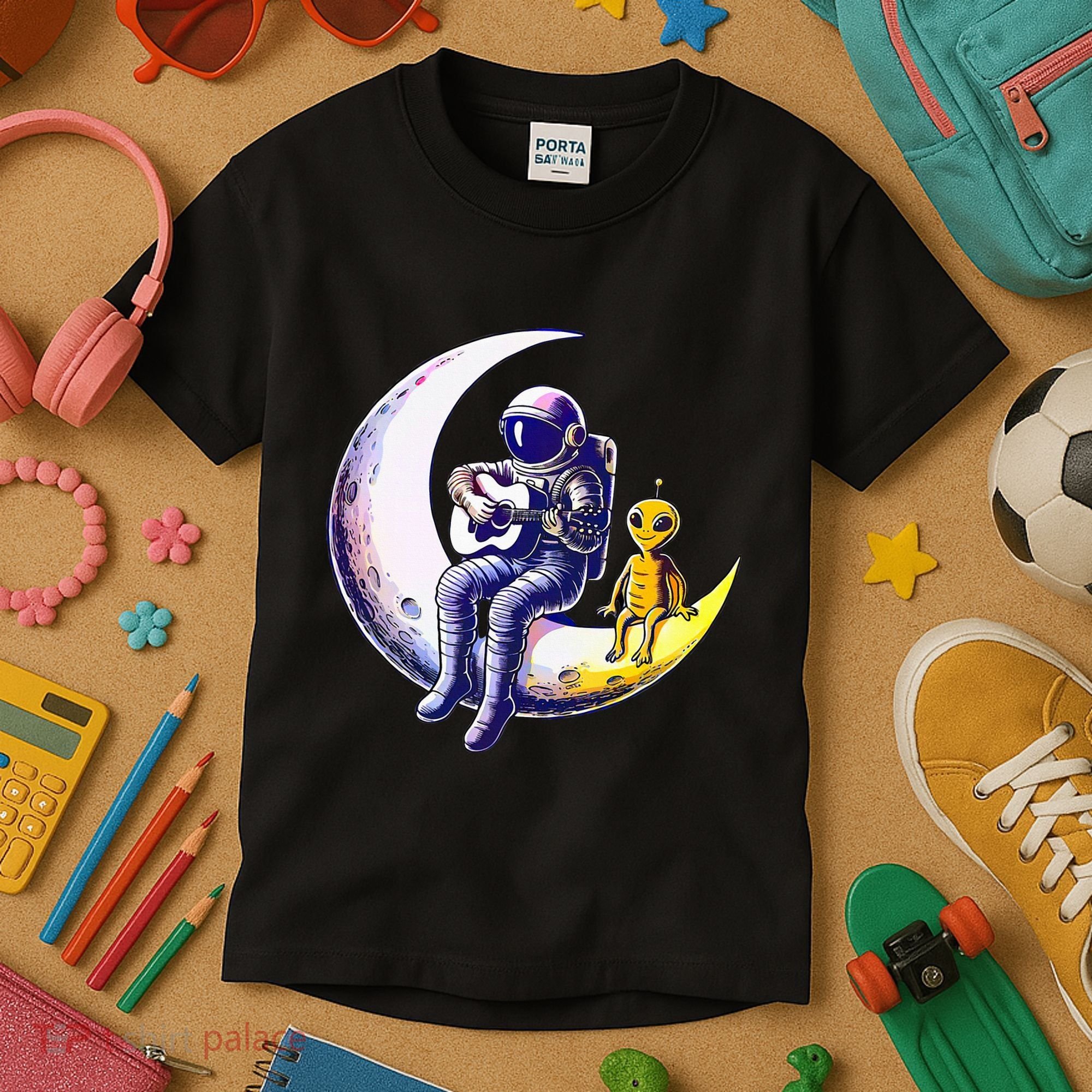 Astronaut Playing Guitar With An Alien On The Moon Kids T-Shirt