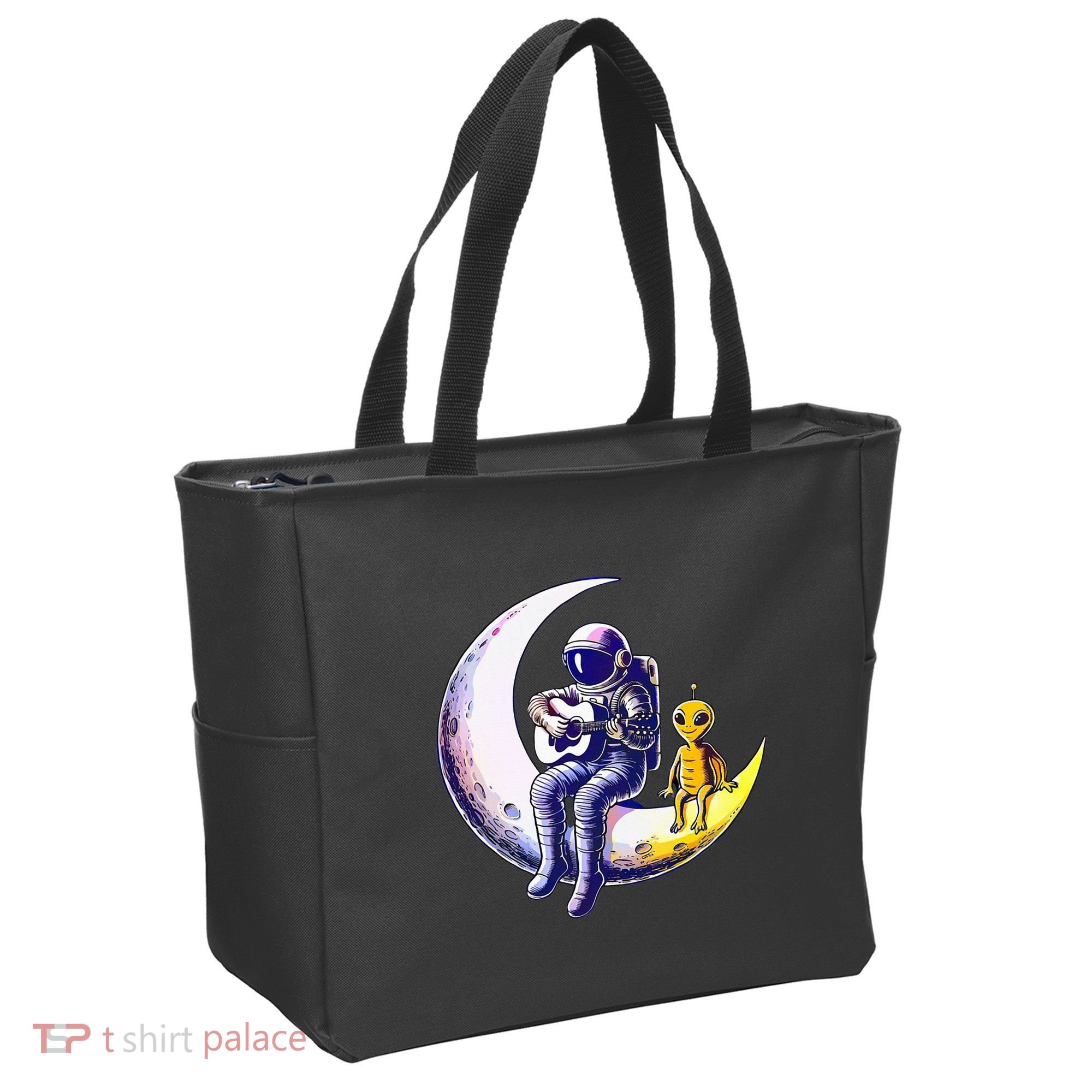 Astronaut Playing Guitar With An Alien On The Moon Tote Bag