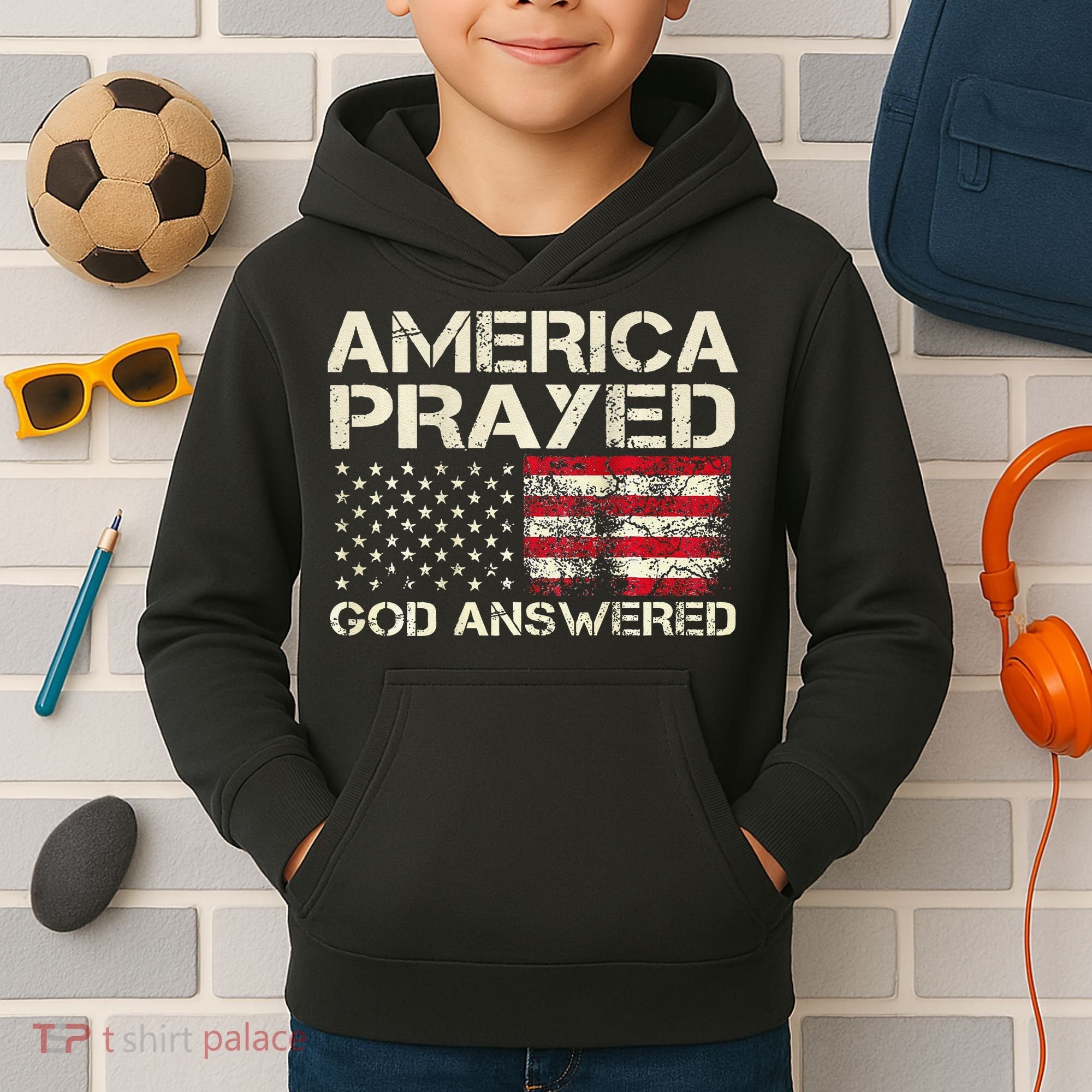 America Prayed God Answered Funny 45 47 Trump Kids Hoodie