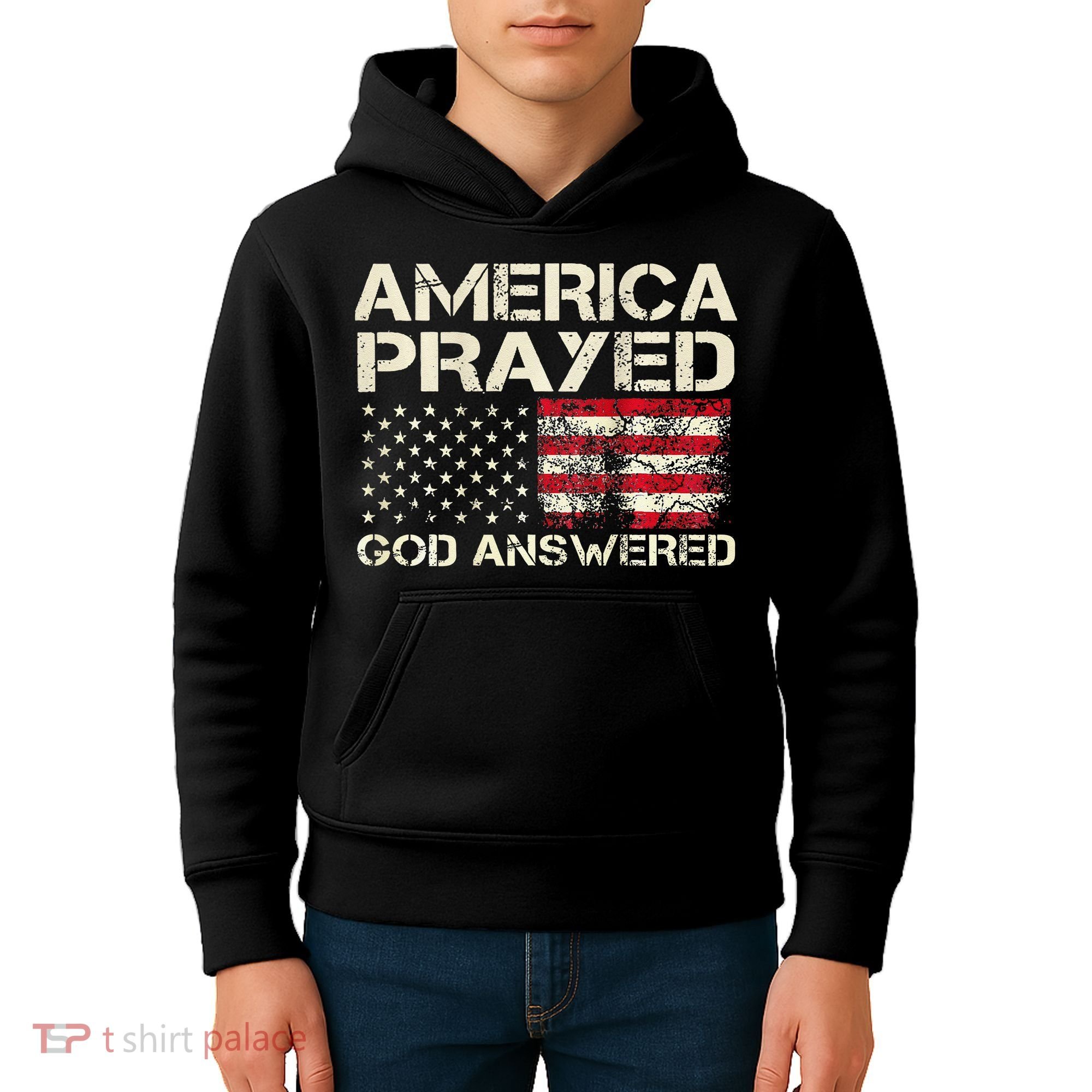 America Prayed God Answered Funny 45 47 Trump Kids Hoodie