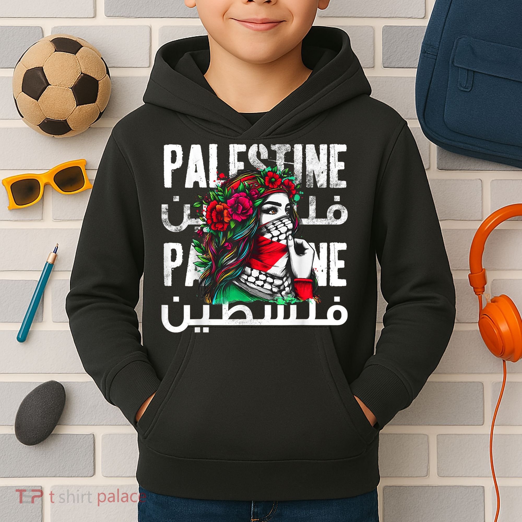 A Palestinian Girl Wearing A Palestinian Bandana Palestine Kids Hoodie