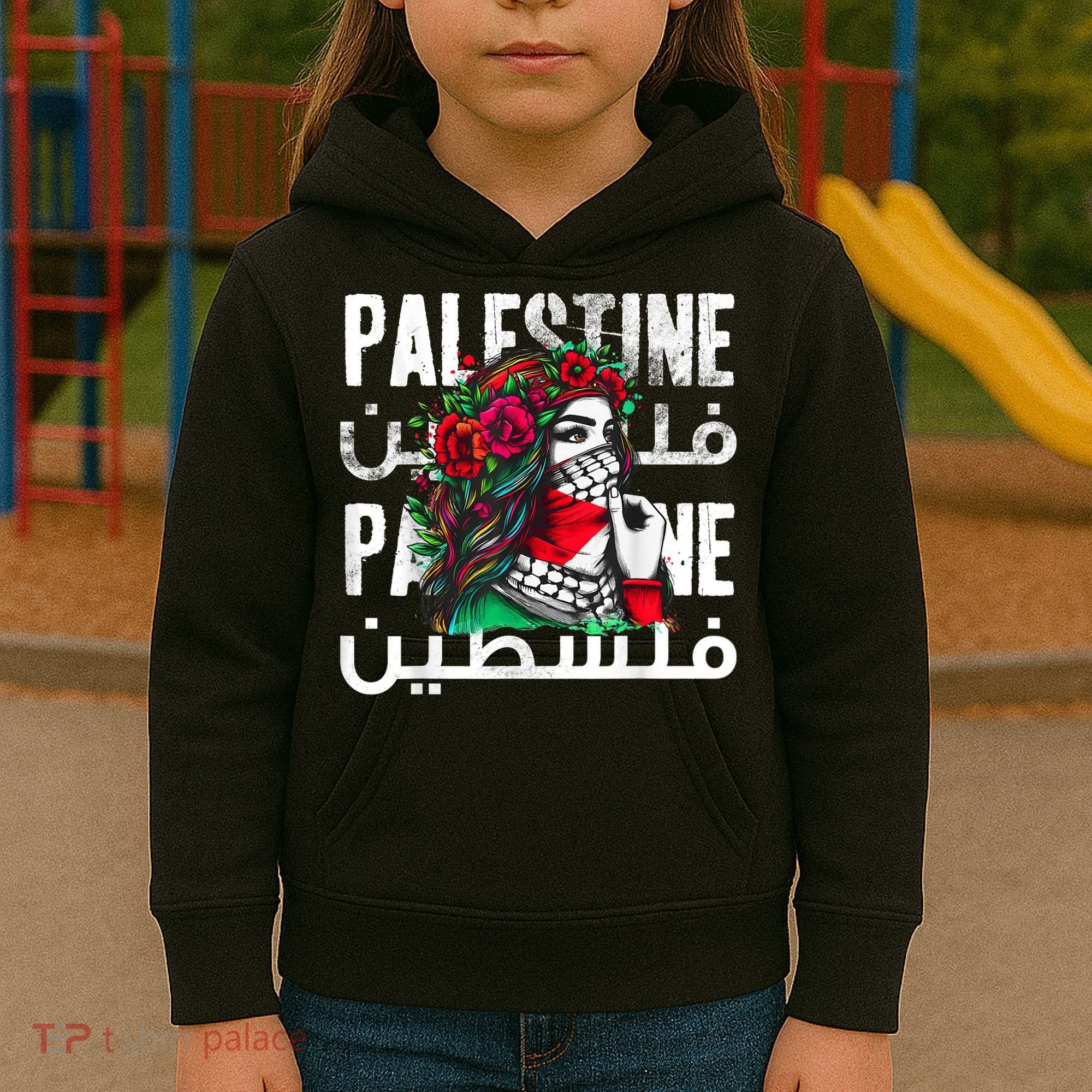 A Palestinian Girl Wearing A Palestinian Bandana Palestine Kids Hoodie