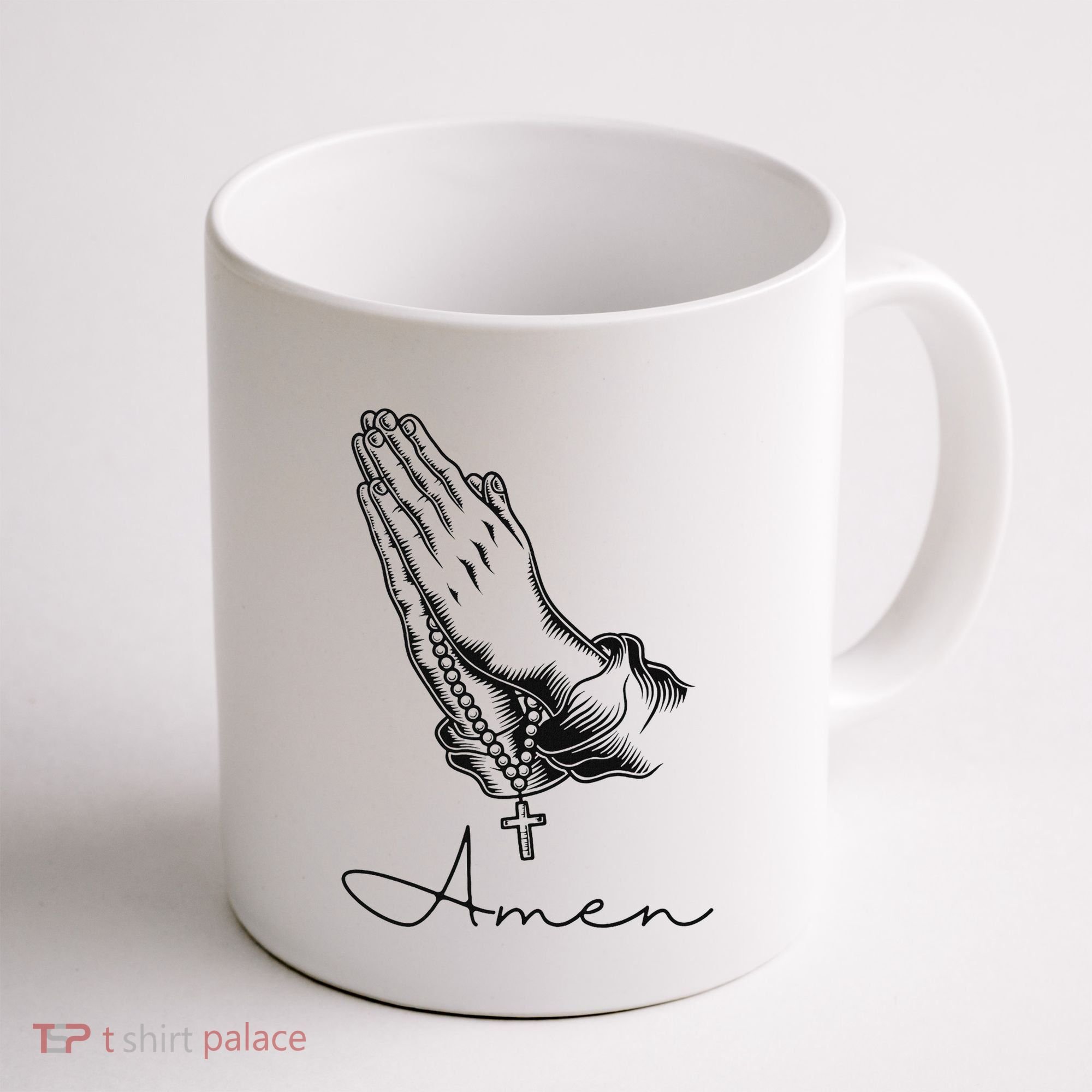 Amen Praying Hands Rosary Beads Coffee Mug