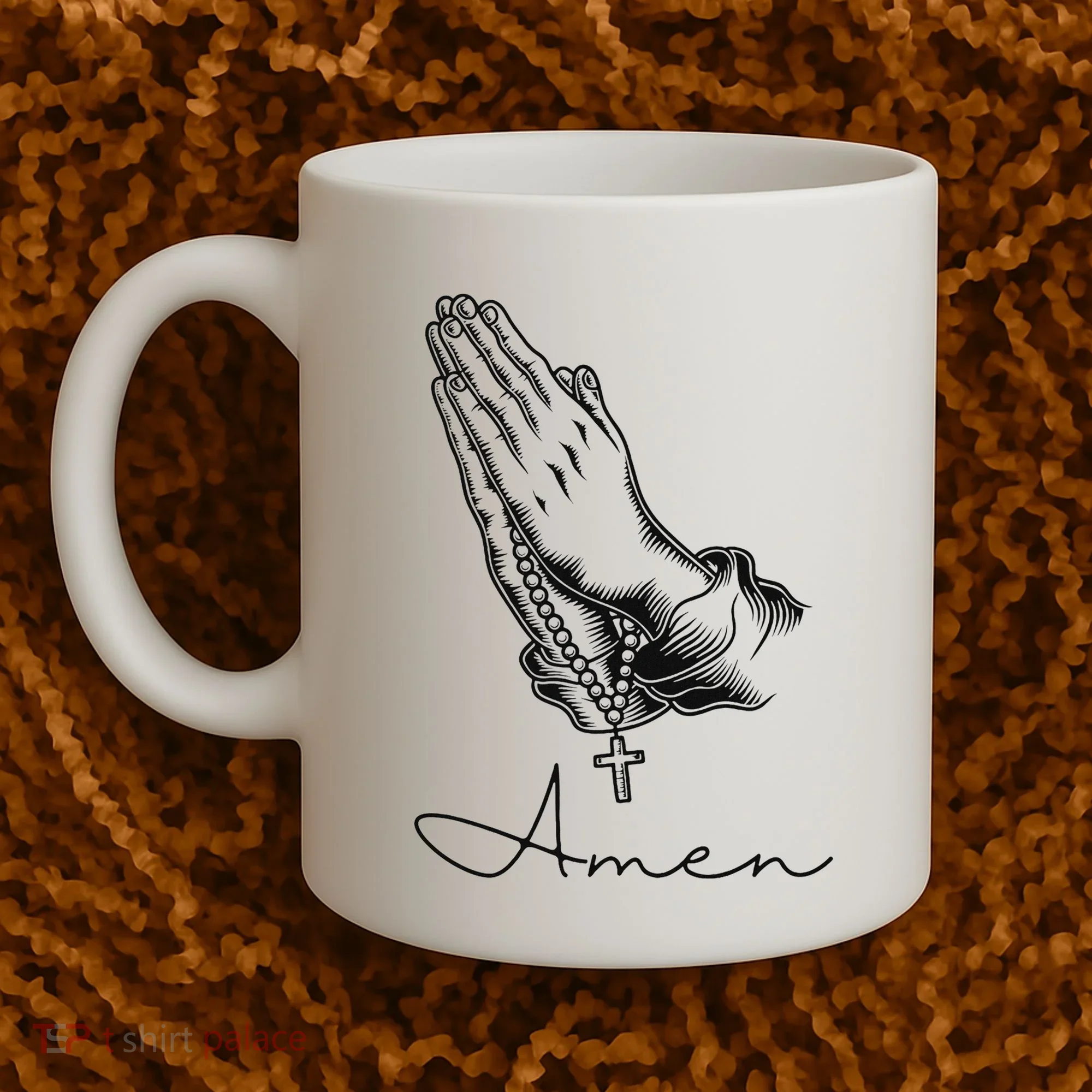 Amen Praying Hands Rosary Beads Coffee Mug