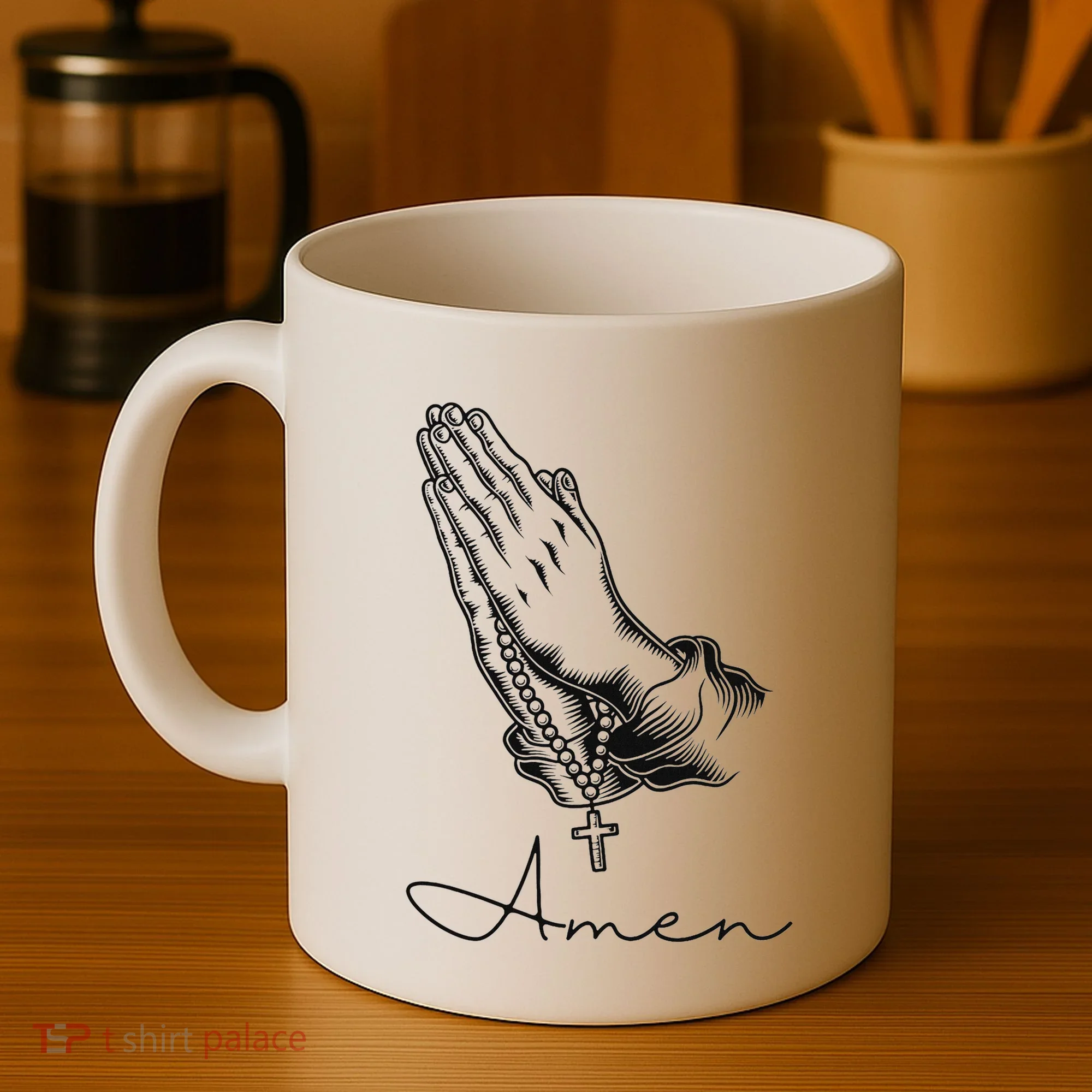 Amen Praying Hands Rosary Beads Coffee Mug