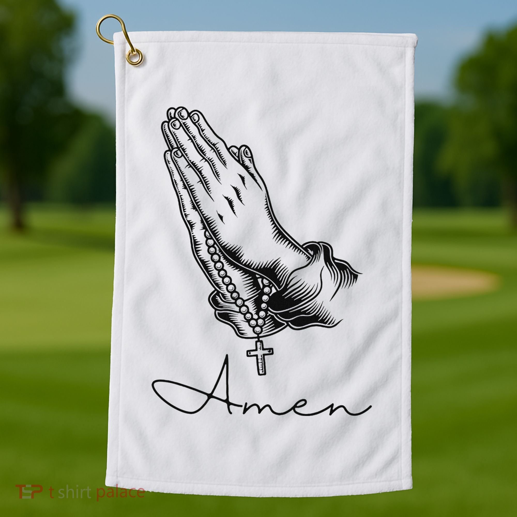 Amen Praying Hands Rosary Beads Golf Towel