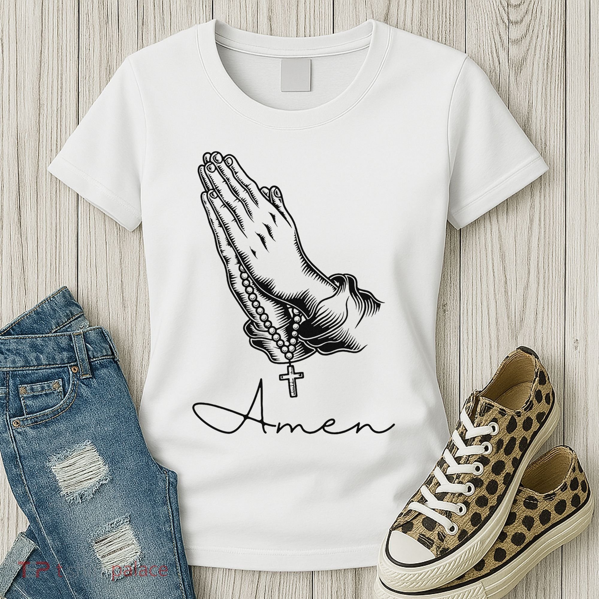 Amen Praying Hands Rosary Beads Women's T-Shirt