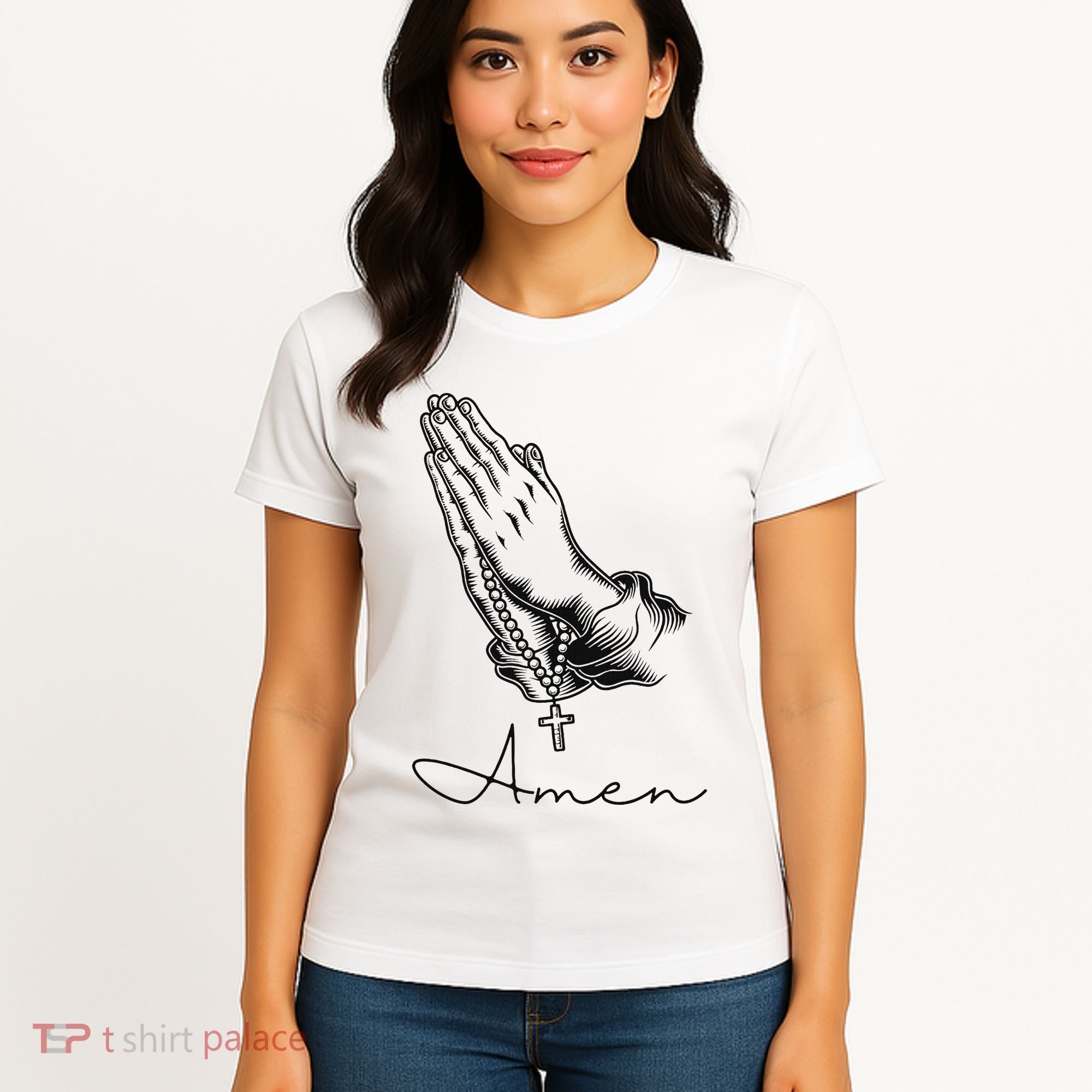 Amen Praying Hands Rosary Beads Women's T-Shirt