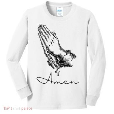 Amen Praying Hands Rosary Beads Kids Long Sleeve Shirt