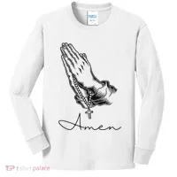 Amen Praying Hands Rosary Beads Kids Long Sleeve Shirt thumb 0