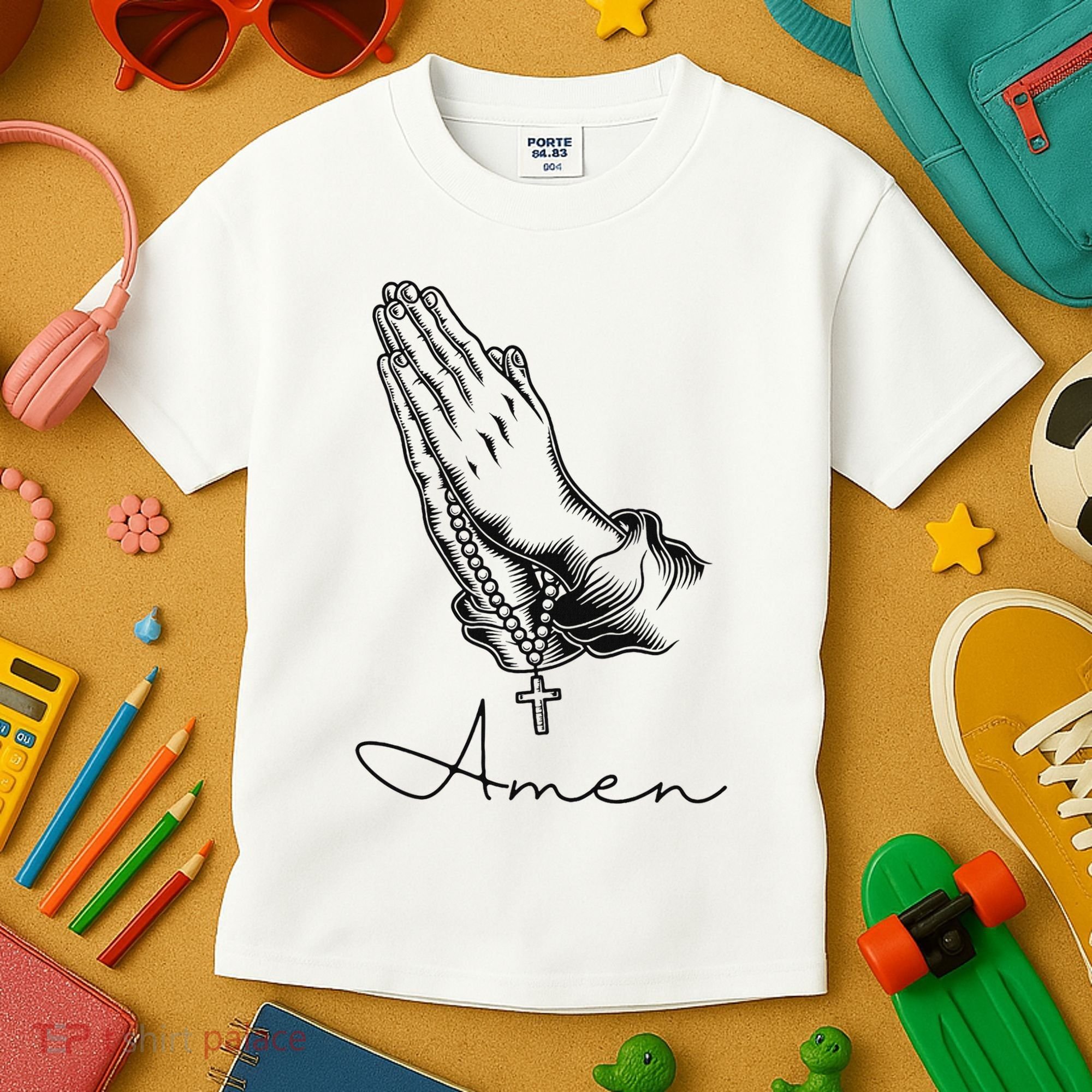Amen Praying Hands Rosary Beads Kids T-Shirt