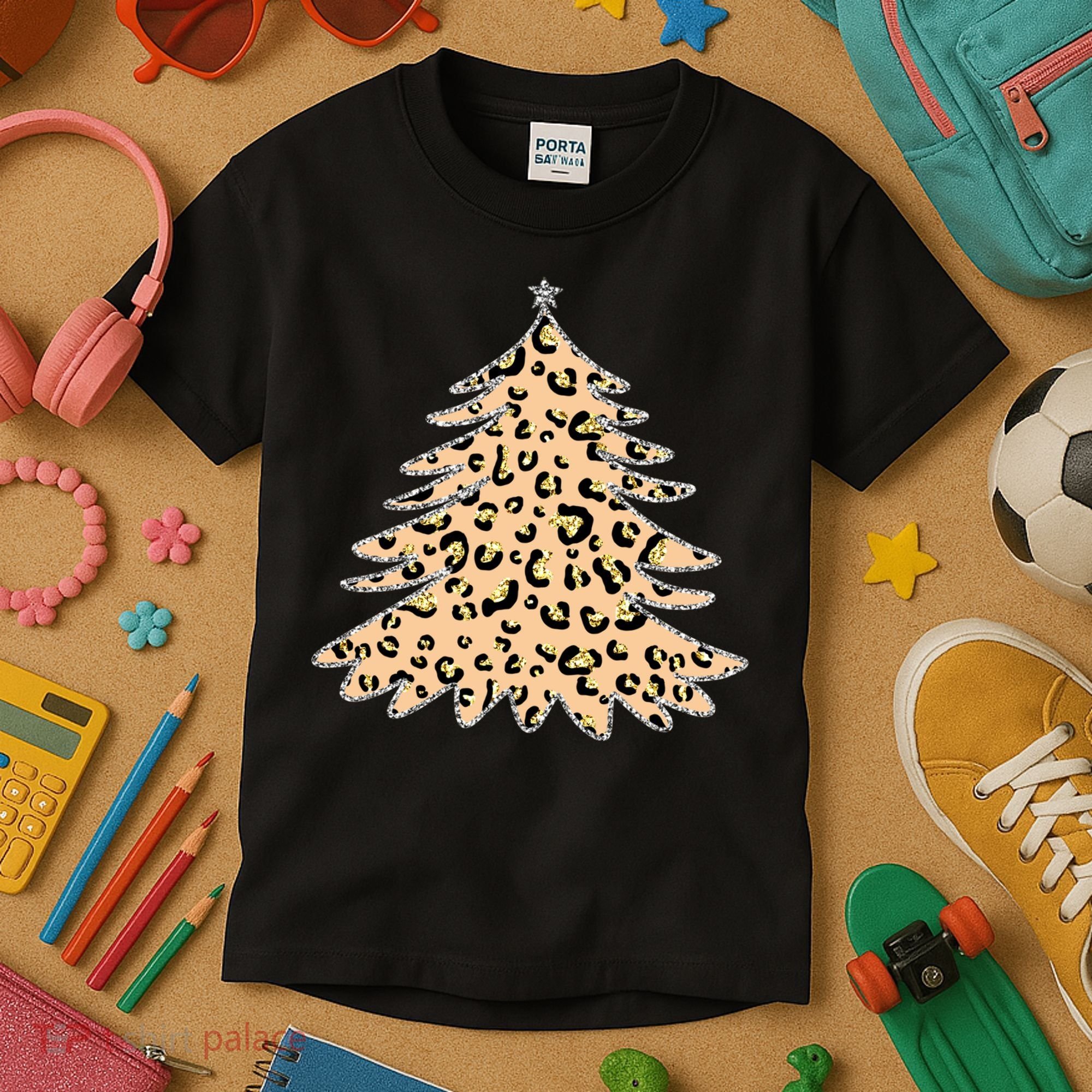 Animal Print Minimalist Christmas Tree Kids T-Shirt
