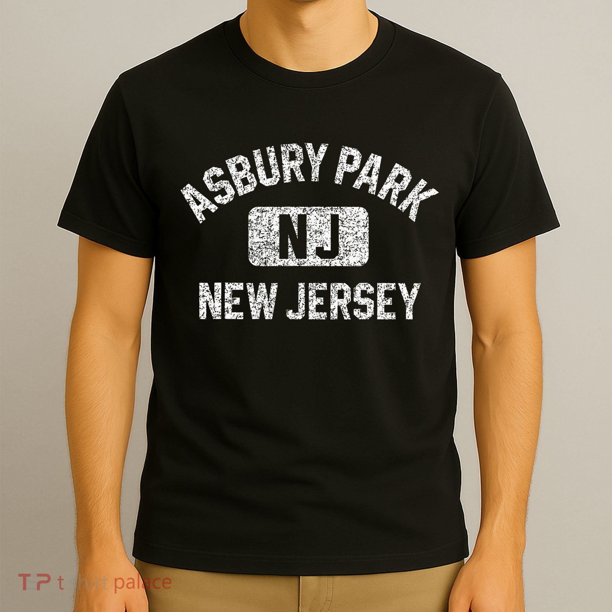Asbury Park NJ New Jersey Gym Style Distressed White Print T-Shirt