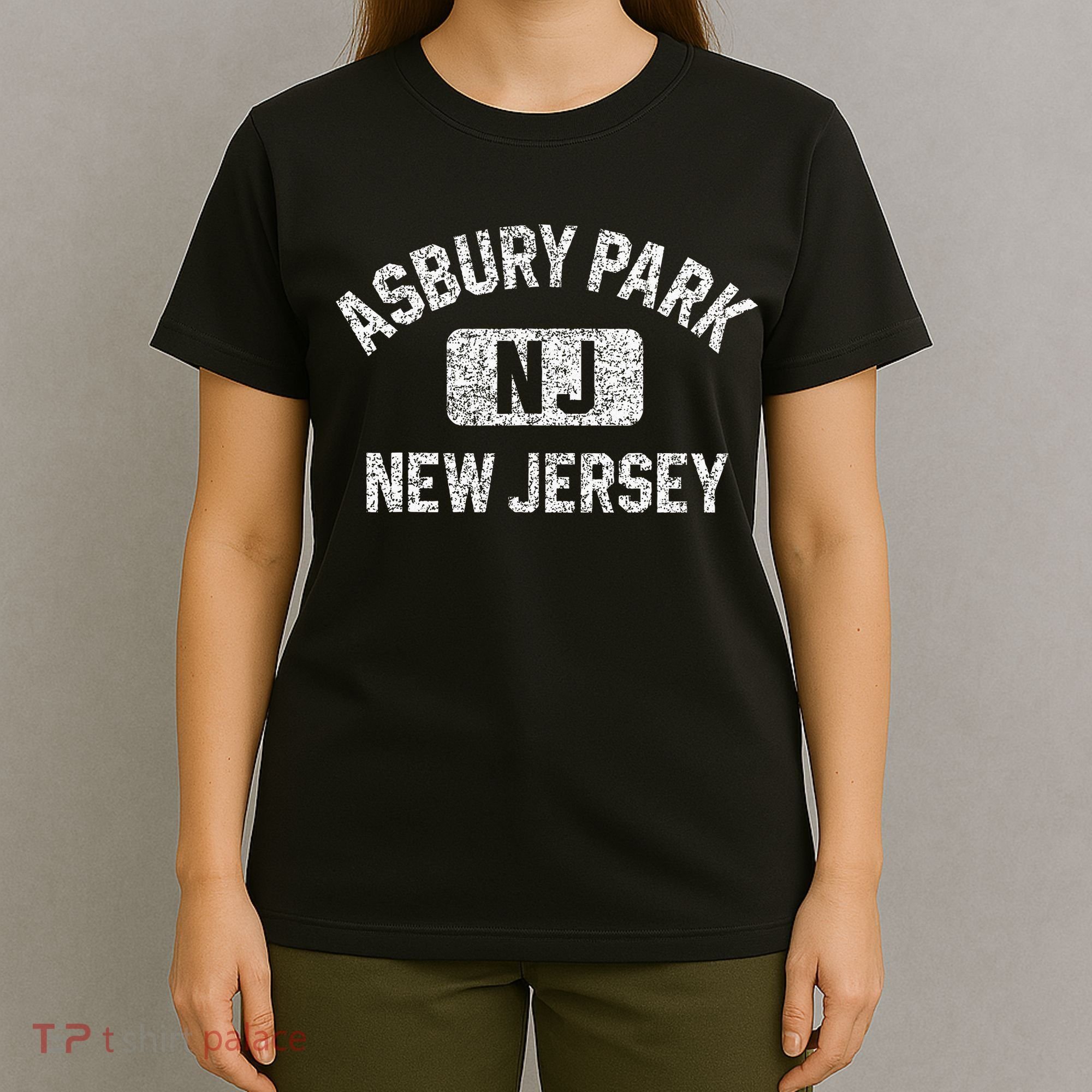 Asbury Park NJ New Jersey Gym Style Distressed White Print T-Shirt