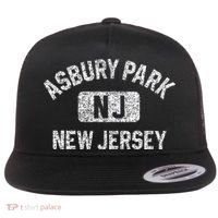 Asbury Park NJ New Jersey Gym Style Distressed White Print Flat Bill Trucker Hat thumb 0