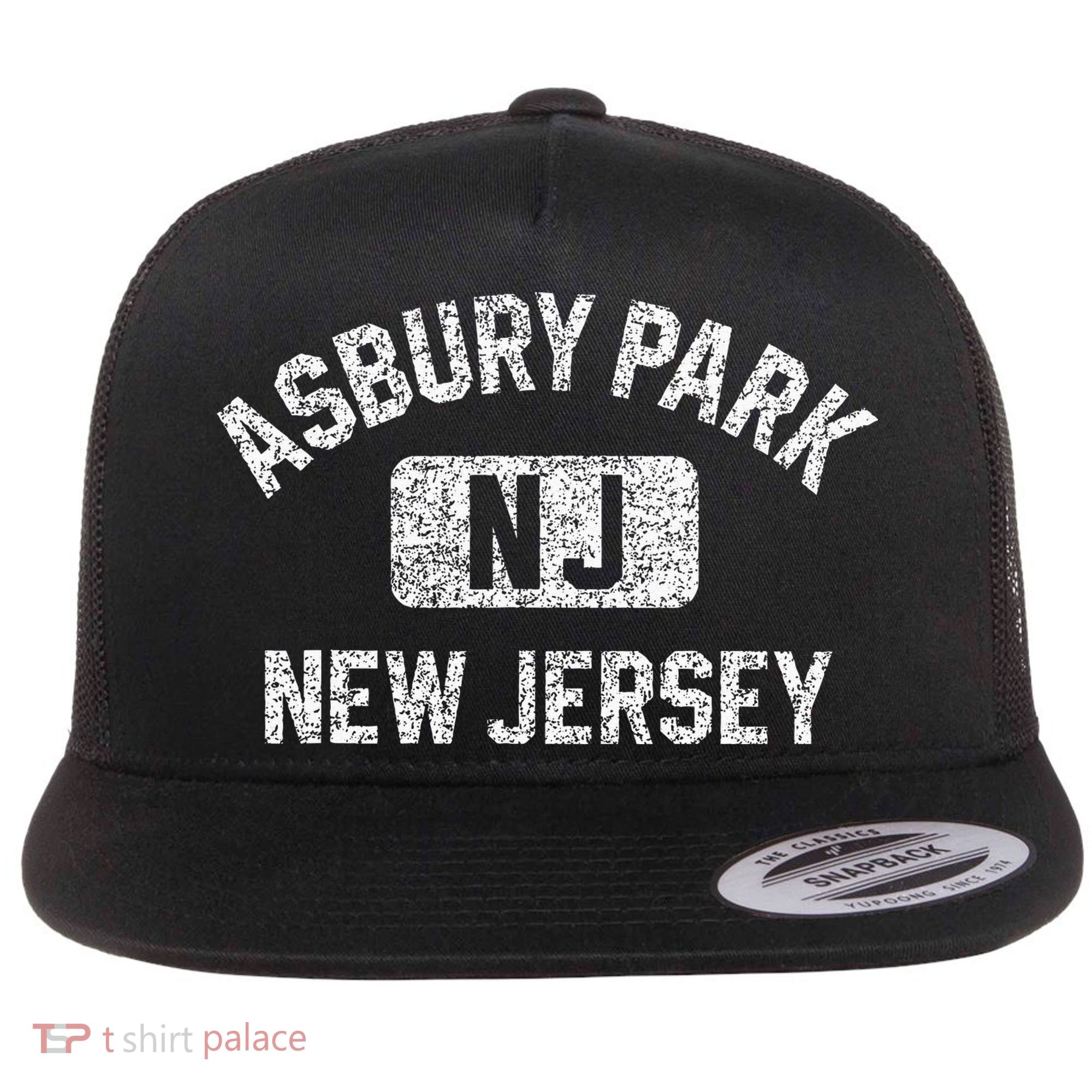 Asbury Park NJ New Jersey Gym Style Distressed White Print Flat Bill Trucker Hat