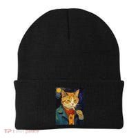 A Painting Of A Cat Smoking Cigarette Cat Art Funny Beanie thumb 0