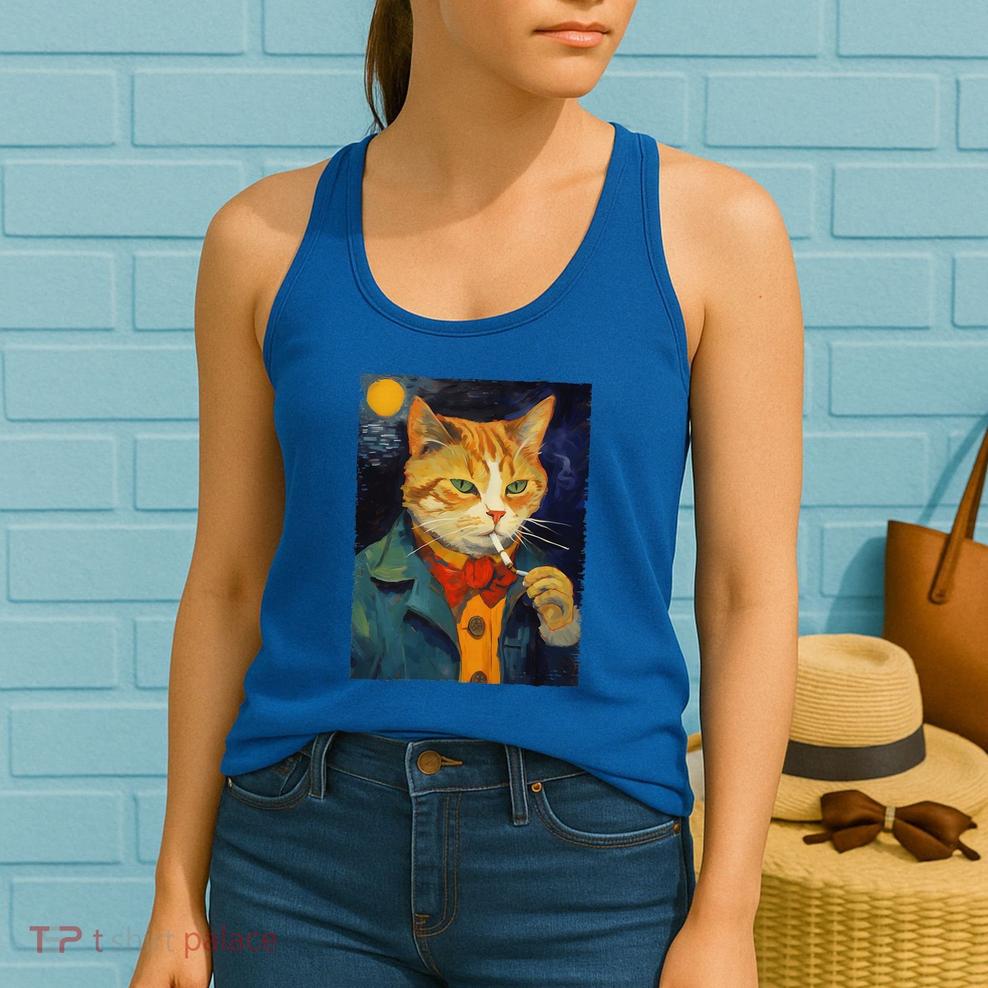A Painting Of A Cat Smoking Cigarette Cat Art Funny Women's Tank Top