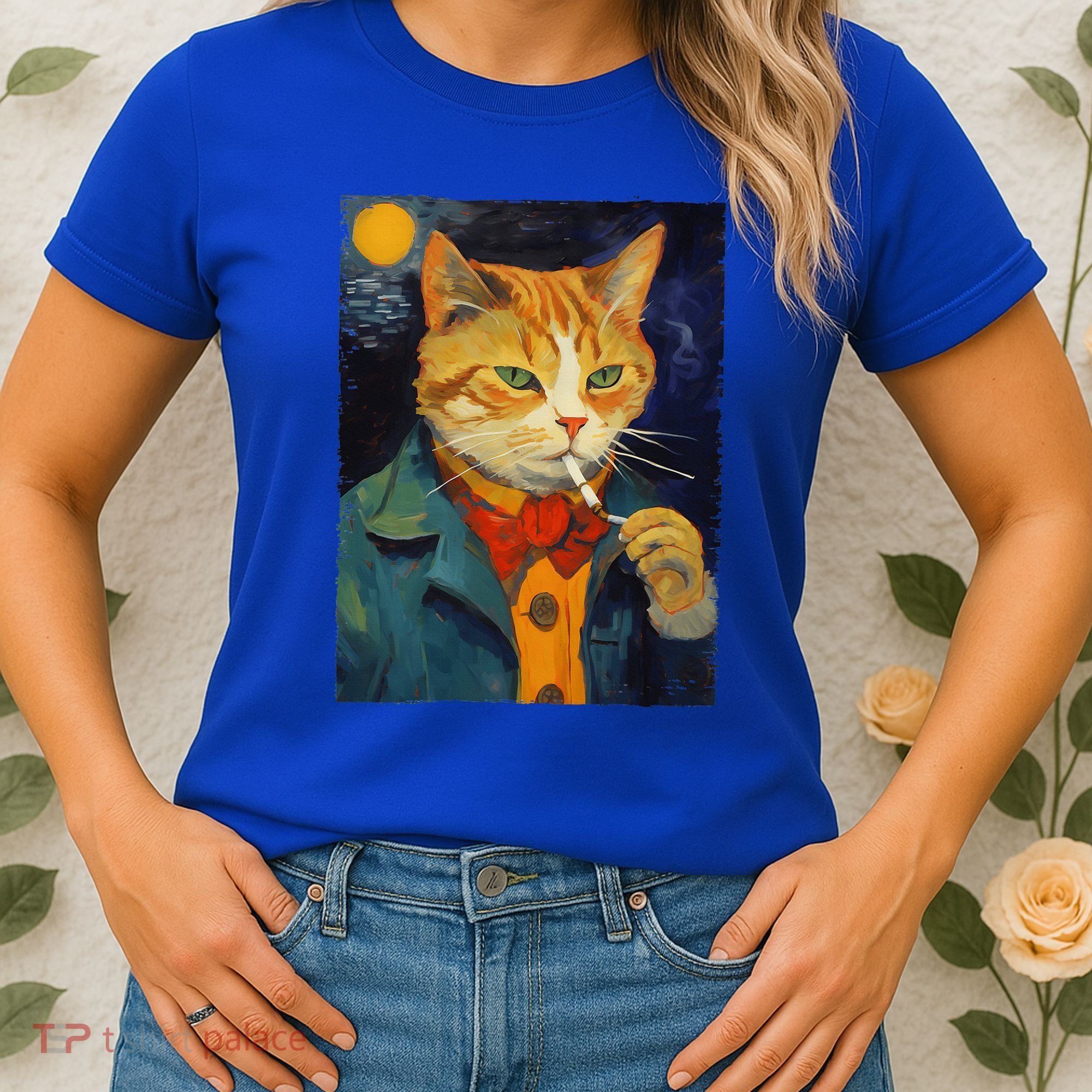 A Painting Of A Cat Smoking Cigarette Cat Art Funny Women's T-Shirt