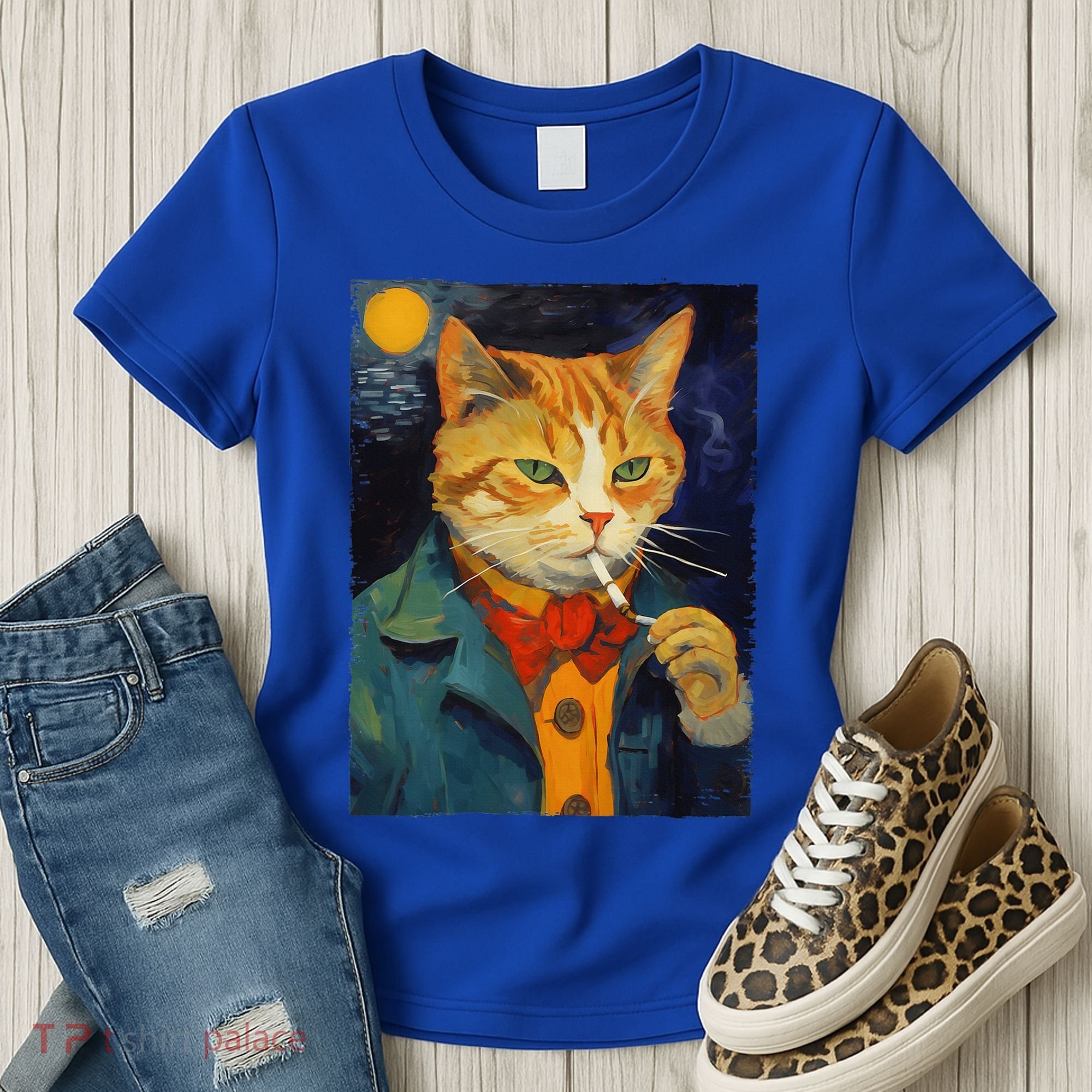 A Painting Of A Cat Smoking Cigarette Cat Art Funny Women's T-Shirt