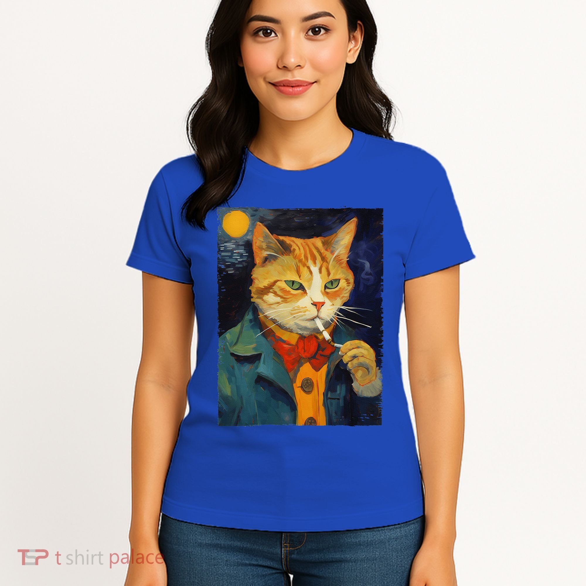 A Painting Of A Cat Smoking Cigarette Cat Art Funny Women's T-Shirt