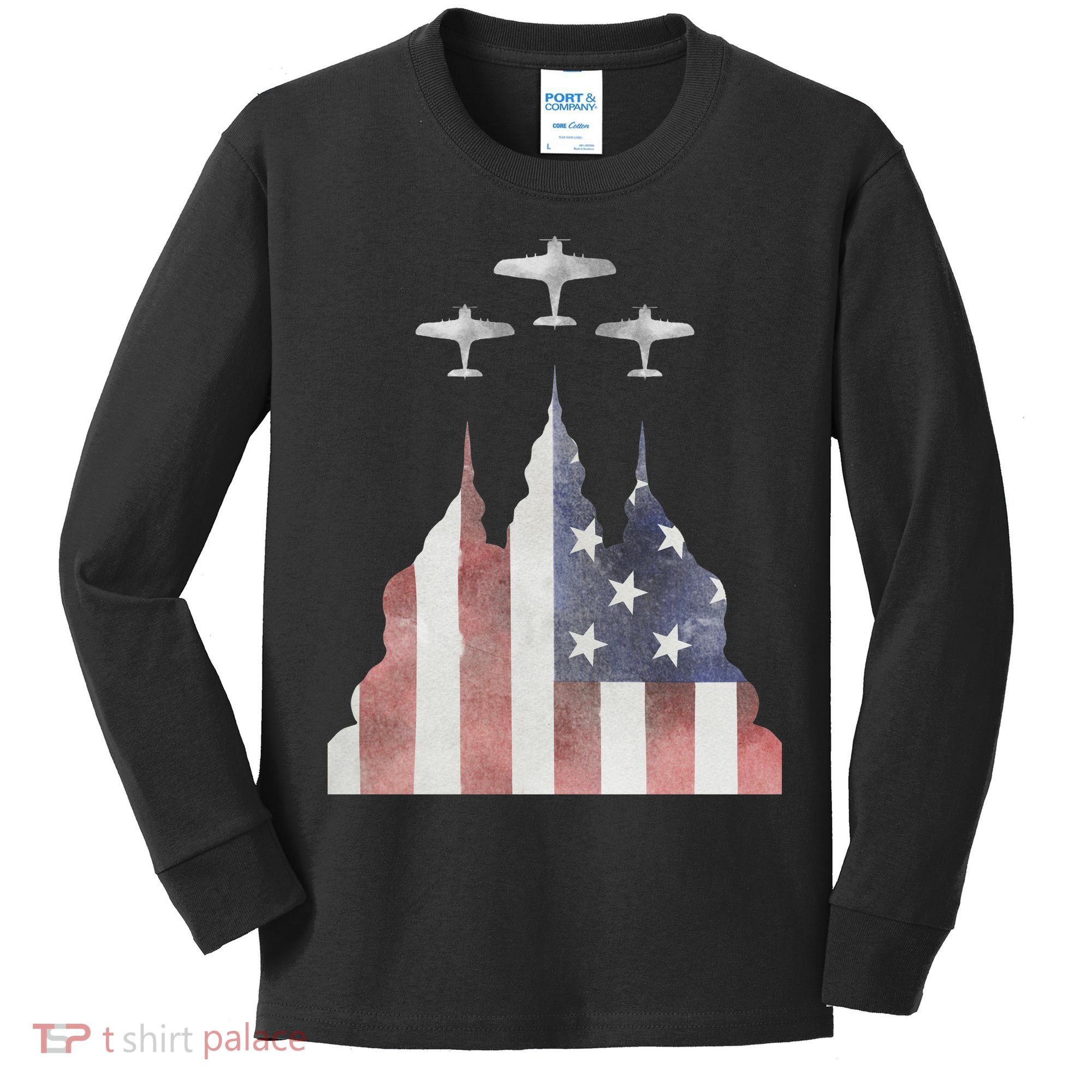 America Plane Patriotic Kids Long Sleeve Shirt