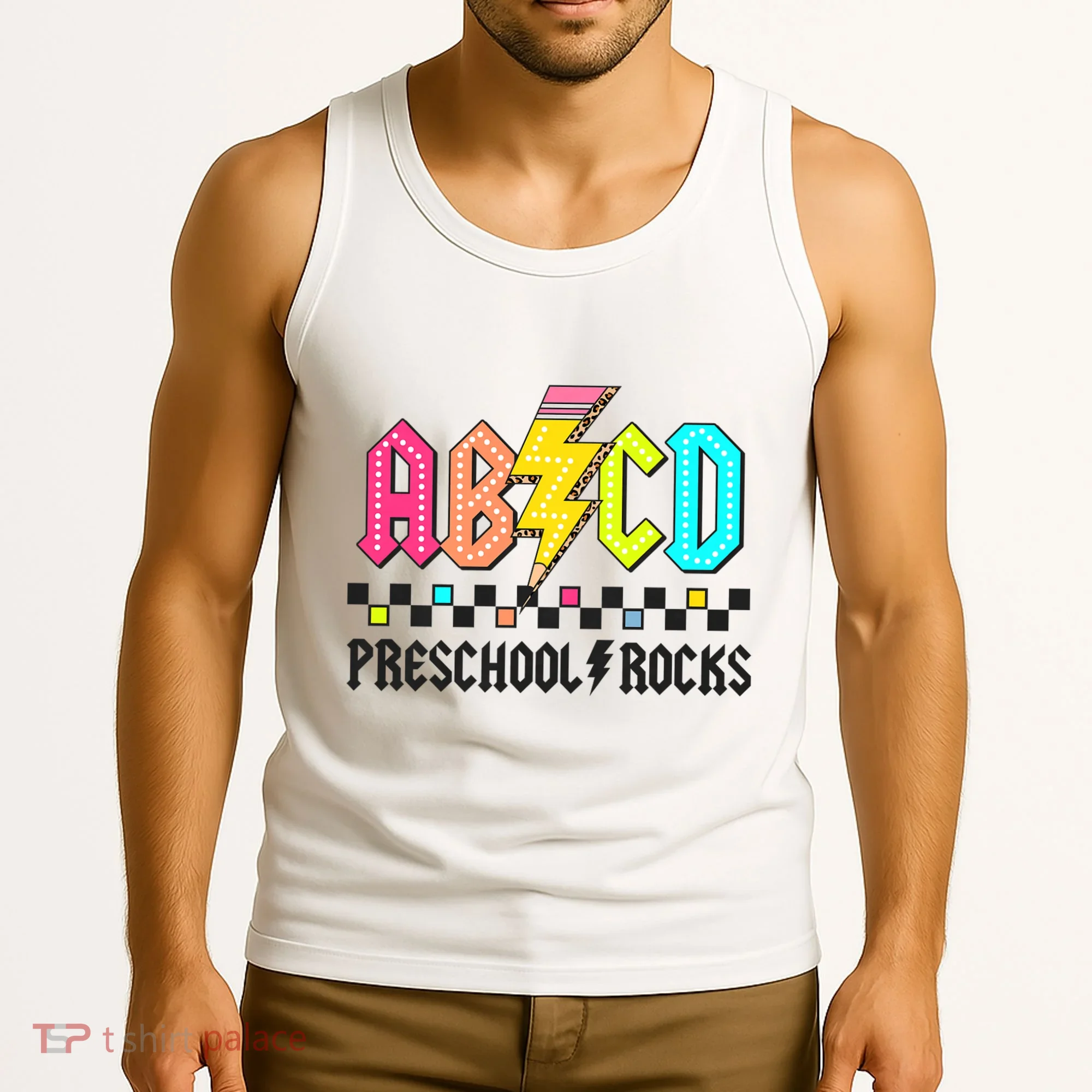 Abcd Preschool Rocks Pencil Lightning Teachers Rock Tank Top